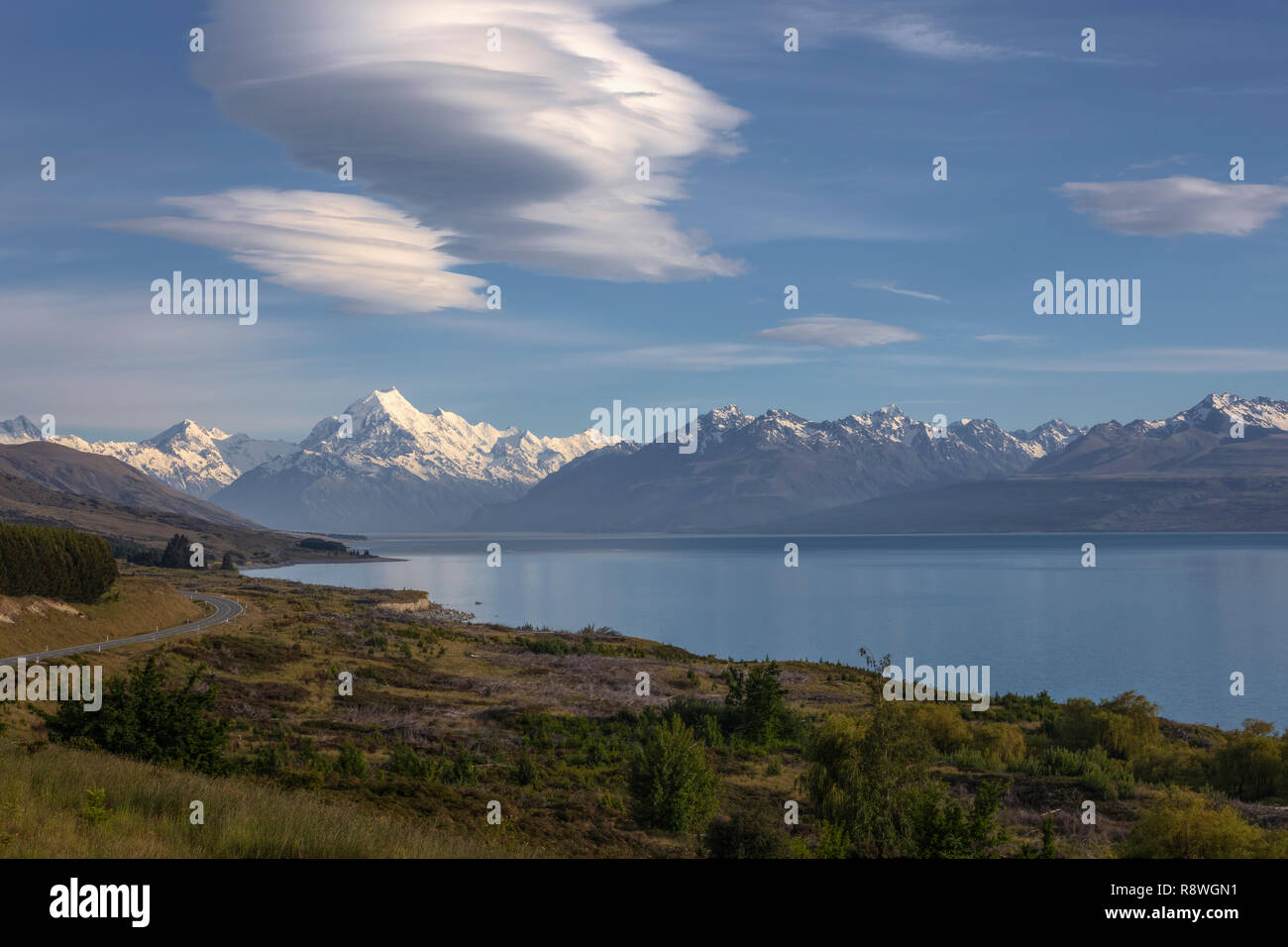 Mount Cook, Lake Pukaki, Canterbury, Südinsel, Neuseeland Stockfoto