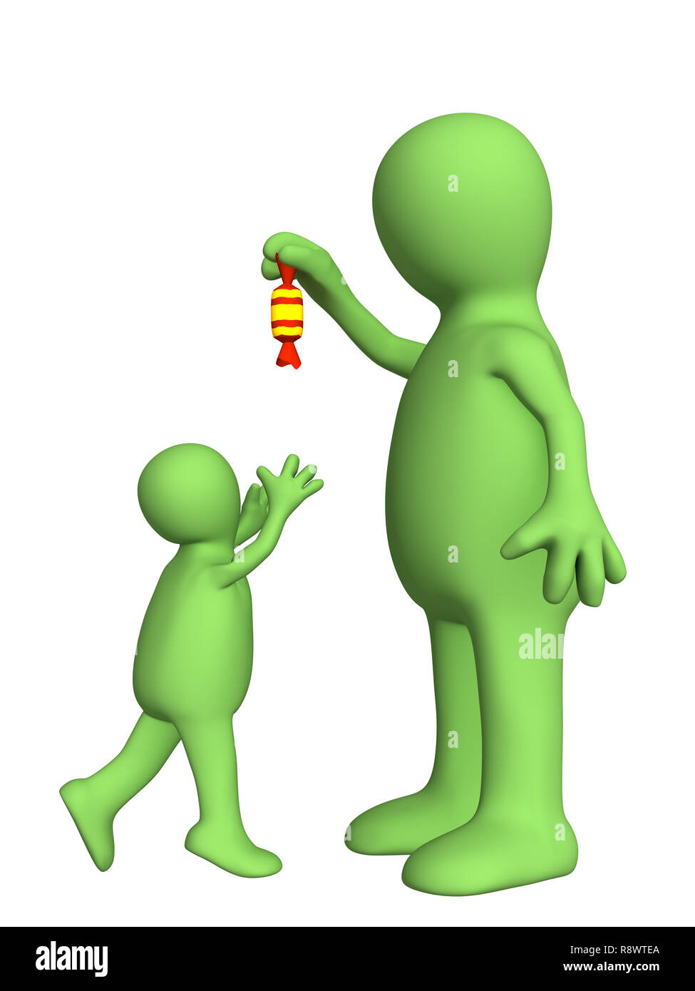 Marionette - Erwachsene, höhnischen oberhalb des kleinen Kindes. Objekte über Weiß Stockfoto