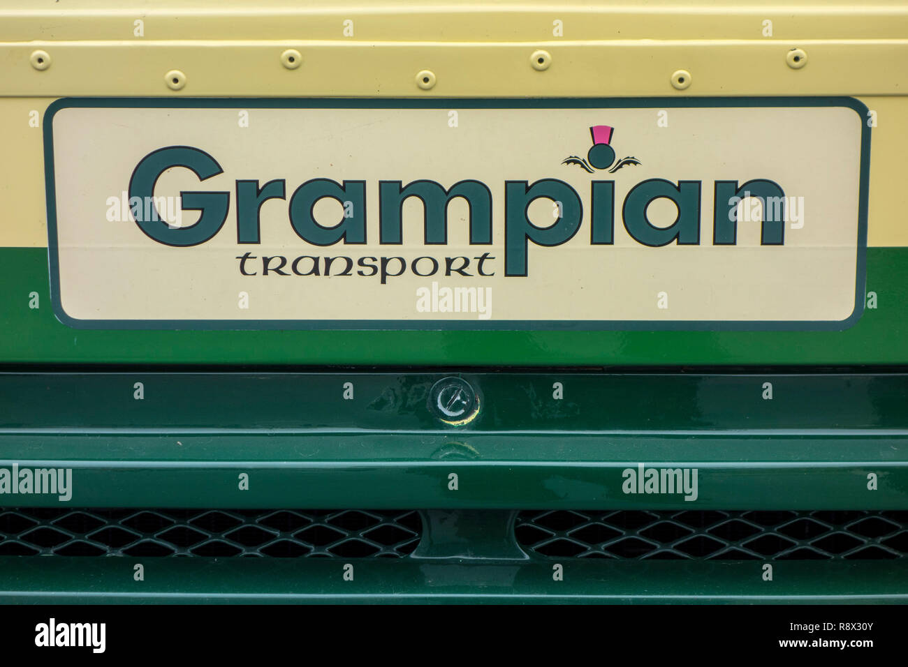 1988 Leyland Olympian Doppeldeckerbus, close-up der Grampian Transport logo Stockfoto