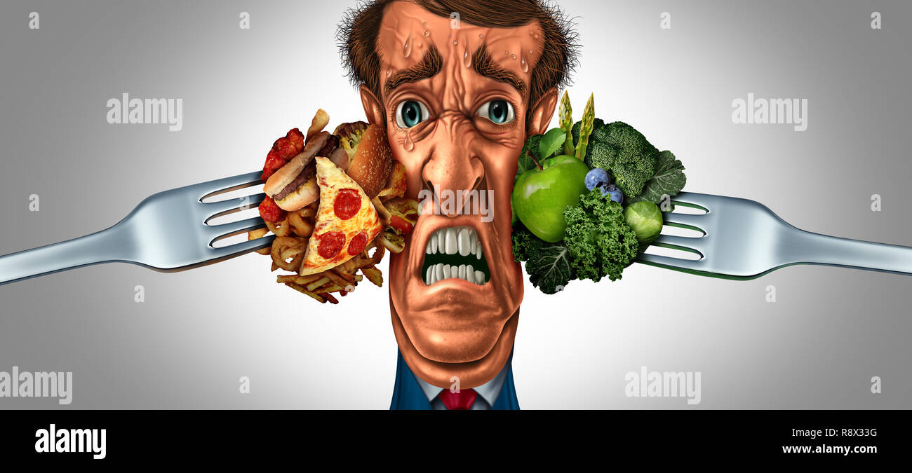 Diät Wahl Stress und Ernährung Auswahl als ein gestresster Mensch von gesundem Obst und Gemüse mit hohem Cholesterin fettige fast food unter Druck gesetzt wird. Stockfoto