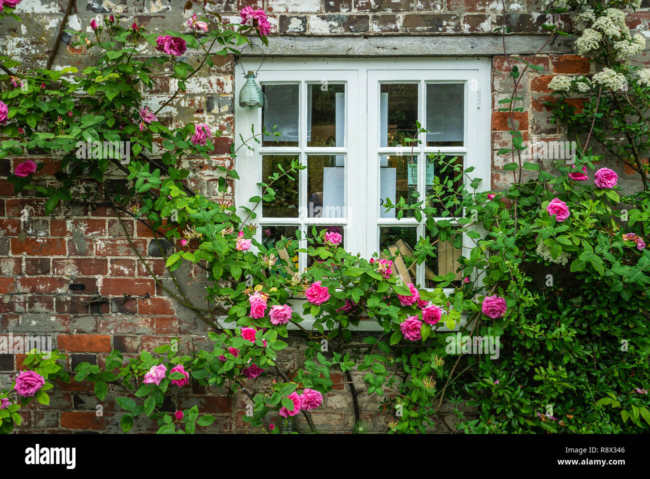 Ein Dorf home Fenster von Blumen in Avebury, Wiltshire, England, Europa umgeben. Stockfoto