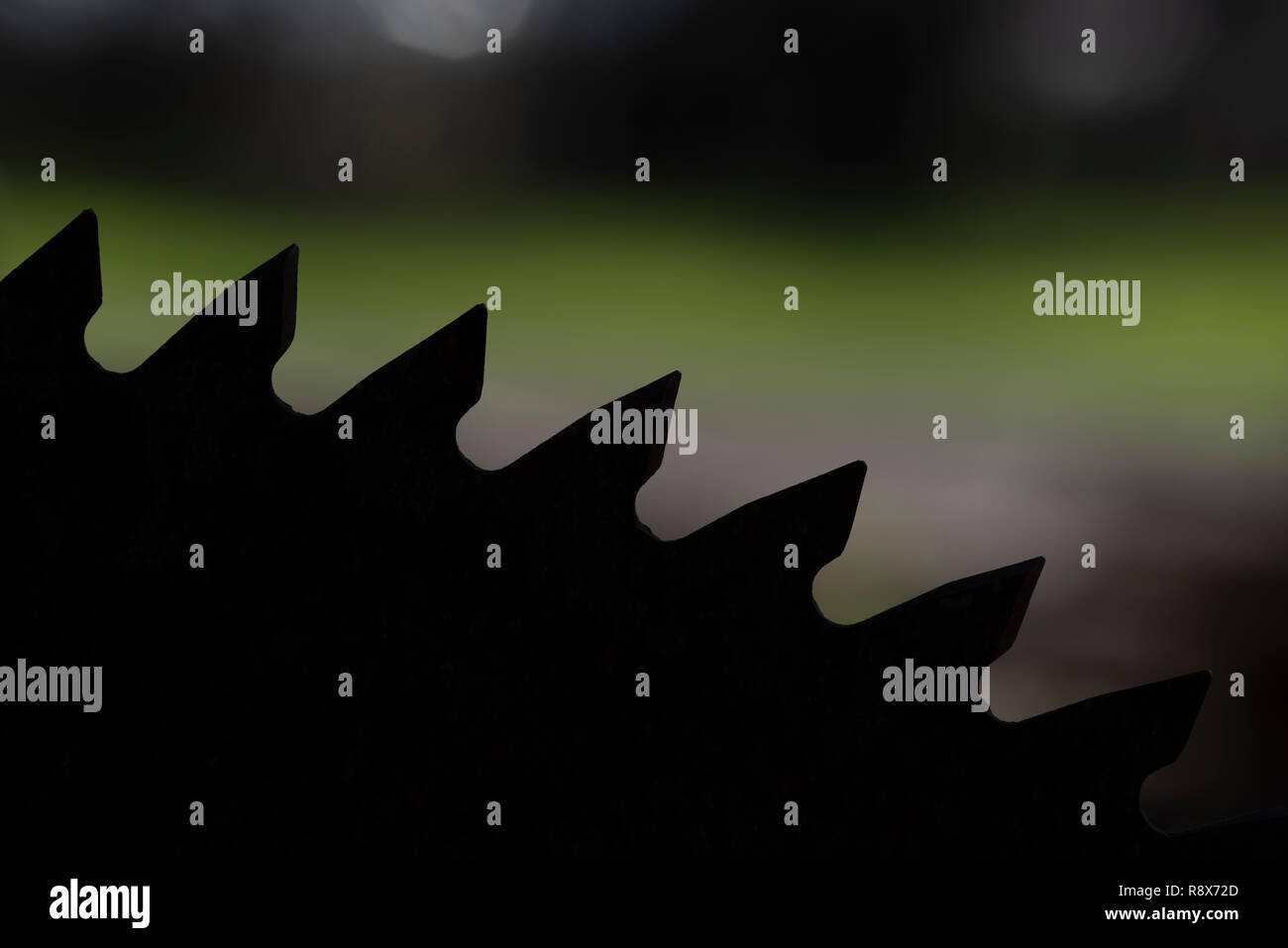 Große Kreissägeblatt - Close-up der Zähne im Silhouette mit unscharfen Hintergrund, Stockfoto