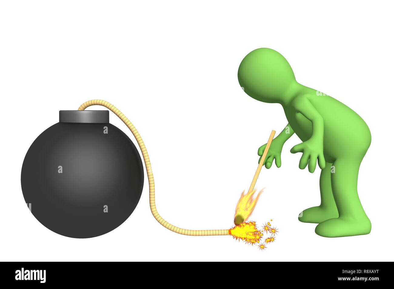 Puppentheater eine Einstellung Feuer bickford Sicherung. Objekt über Weiß Stockfoto