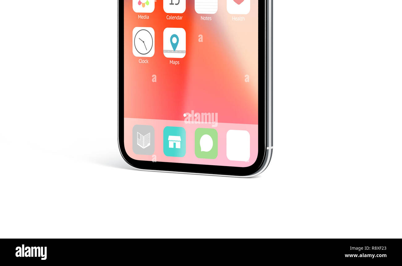 Leere weiße App auf infinidock Menü auf dem Telefondisplay Mockup, 3D-Rendering. Leeren Anhang über Telefon überwachen Mock up. Infiniboard mit neuen ap Design vorlage. Stockfoto
