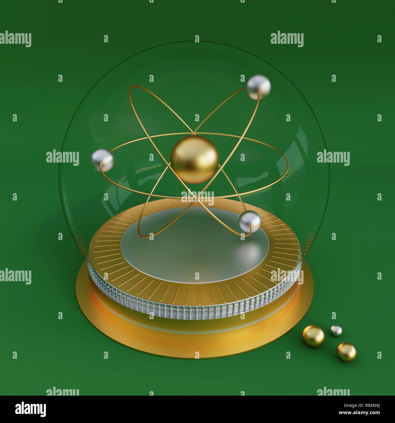 Wissenschaft 3d-Symbol eines Atoms in einer Kristallkugel. Konzept für Physik in die Zukunft. Stockfoto