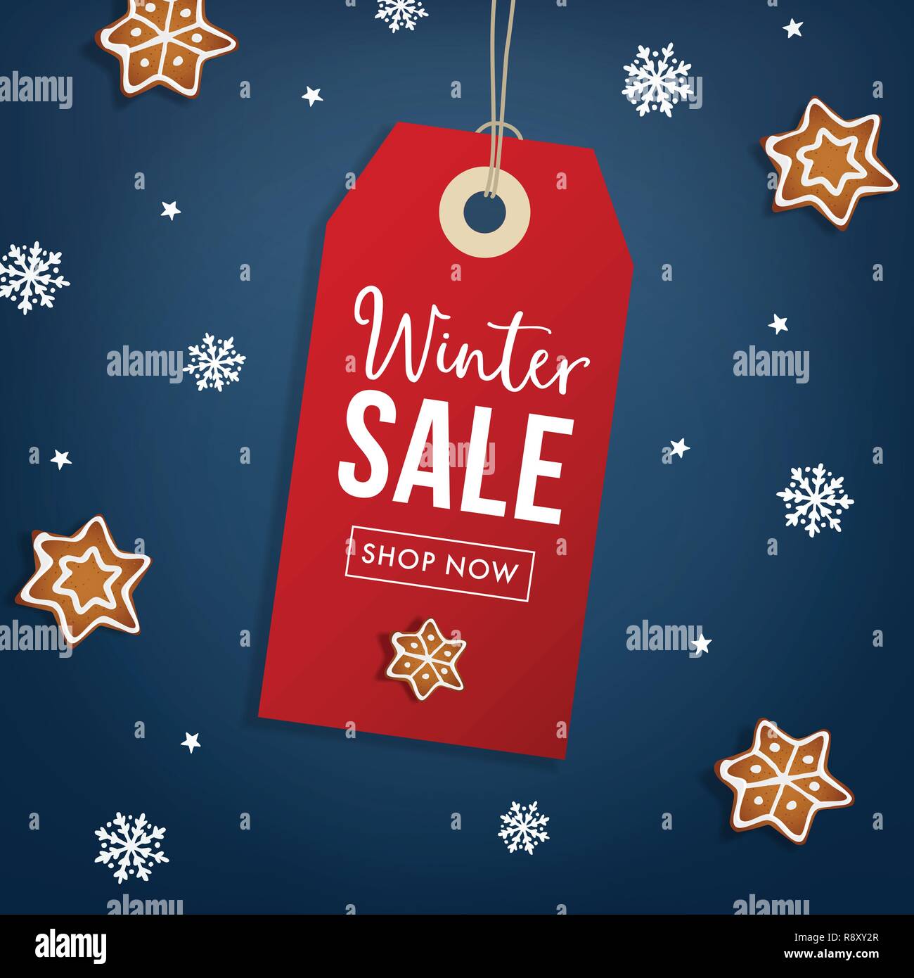 Winter sale Plakat Vorlage. Hängende rote Geschenkanhänger, Etikett mit Lebkuchen Cookie und fallende Schneeflocken. Moderne Vektor-illustration Hintergrund. Geschäftskonzept. Stock Vektor