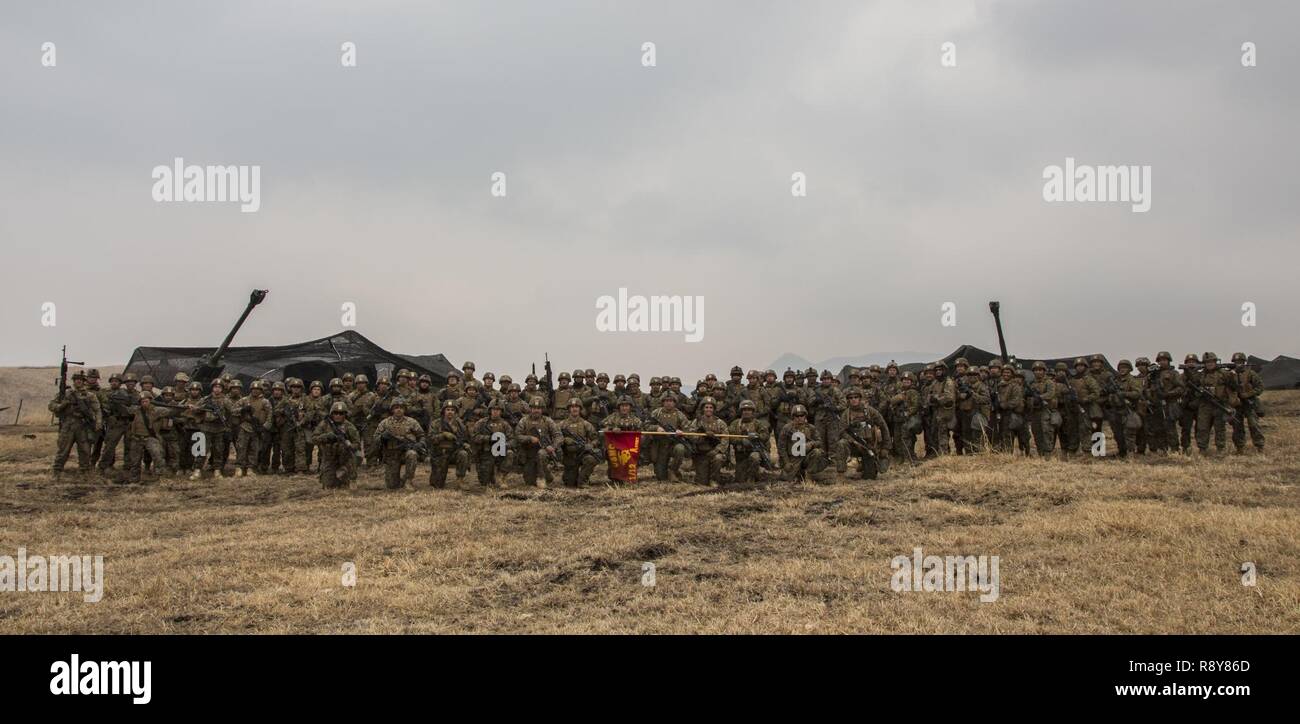 Us-Marines mit Alpha Batterie, 1.Bataillon, 12 Marines derzeit zu Alpha Akku, 3.Bataillon, 12 Marines, posieren für ein Gruppenfoto in der Hijudai Manöver, Japan, 6. März 2017. Marinesoldaten und Matrosen an der Artillerie relocation Training Programm rechtzeitige und genaue Brände zu stellen militärische beruflichen Spezialgebiet Fähigkeiten, Zug Marines/Matrosen in gemeinsamen Fähigkeiten zu erhalten, und professionelle militärische Ausbildung für das allgemeine Ziel der Verbesserung der Bekämpfung der Betriebsbereitschaft und internationale Beziehungen zu fördern. Stockfoto