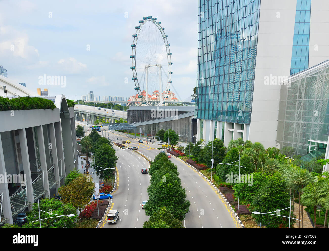 Autos auf einer Straße in Singapur. Singapore Flyer im Hintergrund Stockfoto