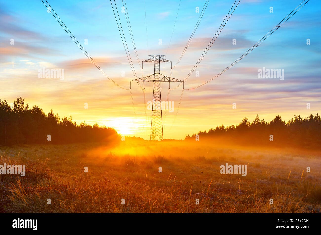 Stromleitungen und malerischen Sonnenaufgang Landschaft mit morgennebel an der Wiese durch den Wald, Spanien Stockfoto