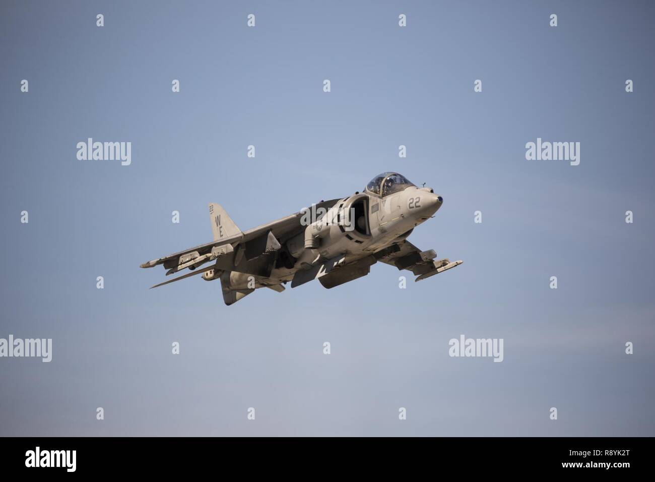 Ein U.S. Marine Corps AV-8B Harrier II, Marine Attack Squadron 214 (VMA-214) führt einen vertikalen Start bei einem Level III Demonstration als Teil der 2017 Yuma Airshow im Marine Corps Air Station Yuma, Ariz., Samstag, 18. März 2017. Stockfoto