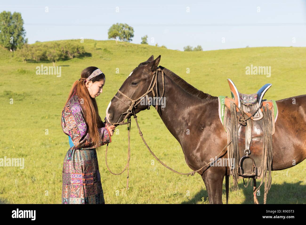 China, Innere Mongolei, Provinz Hebei, Zhangjiakou, Bashang Grünland, mongolische Frau mit ihrem Pferd Stockfoto