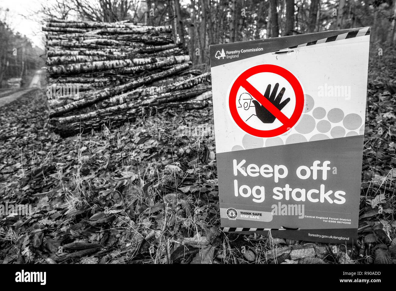 Forstwirtschaft Kommission Gesundheit und Sicherheit Zeichen 'Keep off Log Stacks". Stockfoto