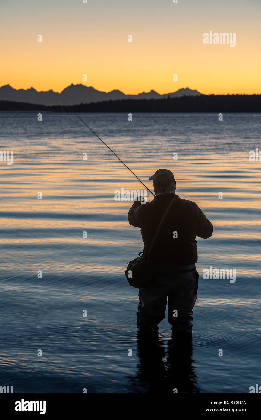 Ein Fliegenfischer wird fertig, in Salzwasser bei Sonnenaufgang und Fliege Fischen für Küsten Halsabschneider Forellen und Lachs an einem Strand zu waten auf der North West coastli Stockfoto