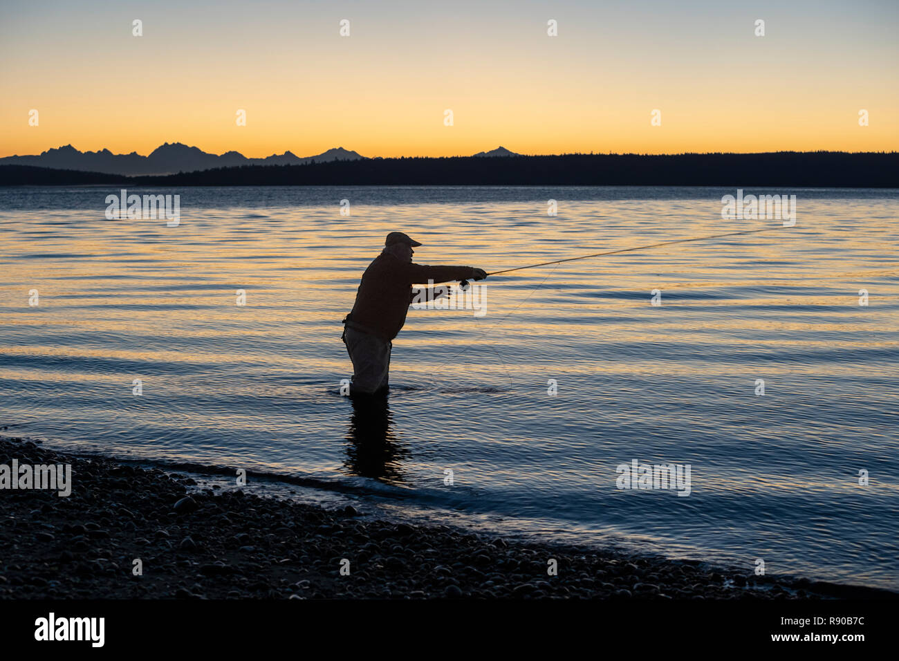 Die Silhouette eines Fliegenfischer Casting bei Sonnenaufgang für searun Küsten cutthroat Forelle an einem Strand an der Westküste der USA Stockfoto