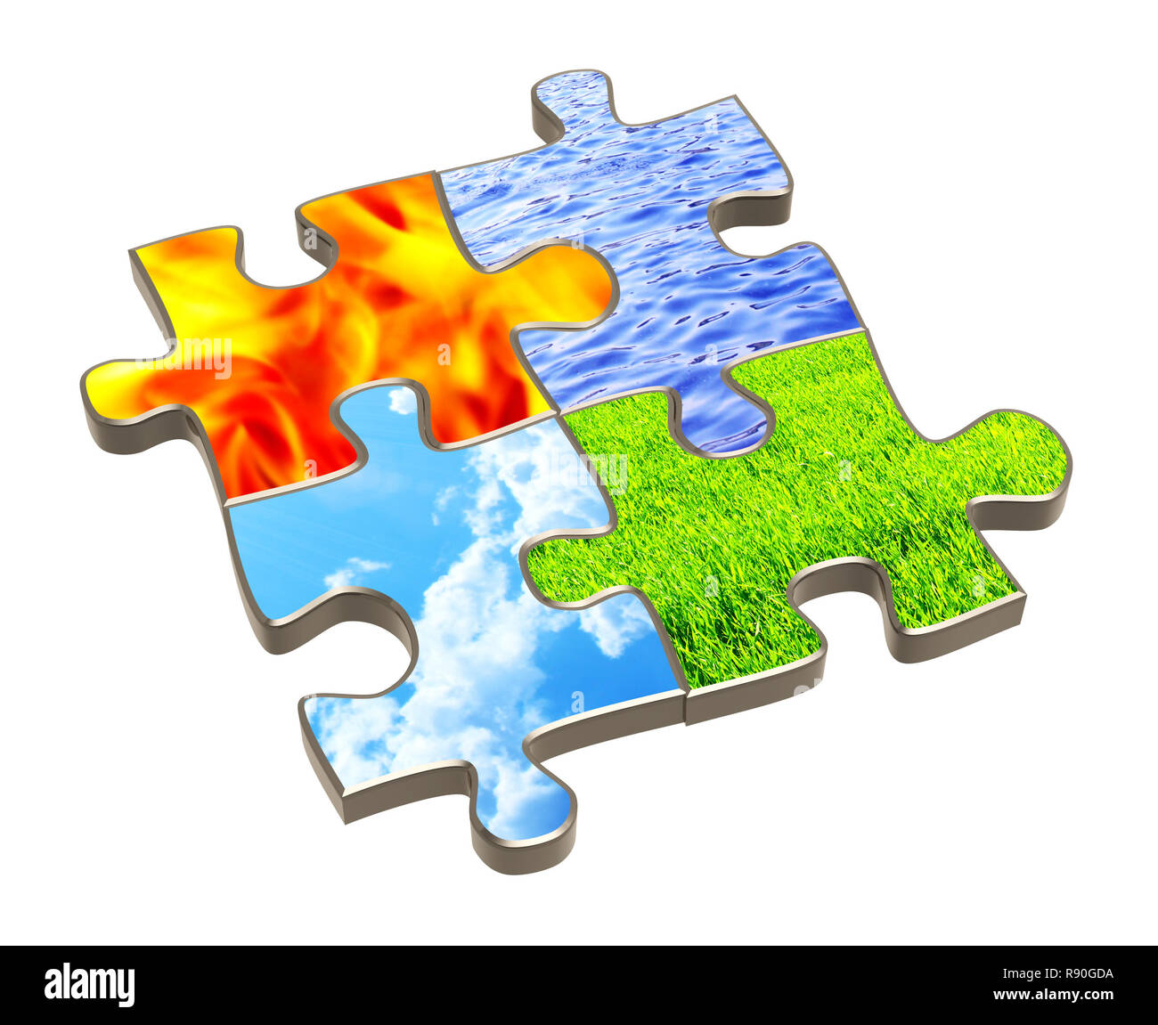 Puzzle mit den vier Elementen der Natur. Objekt über Weiß Stockfoto