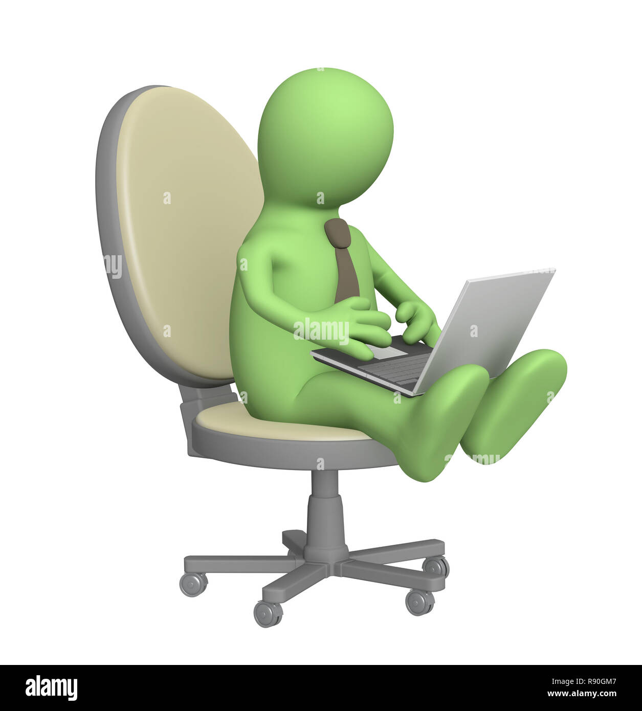 3d-Marionette, Sitzung mit einem Laptop. Objekt über Weiß Stockfoto