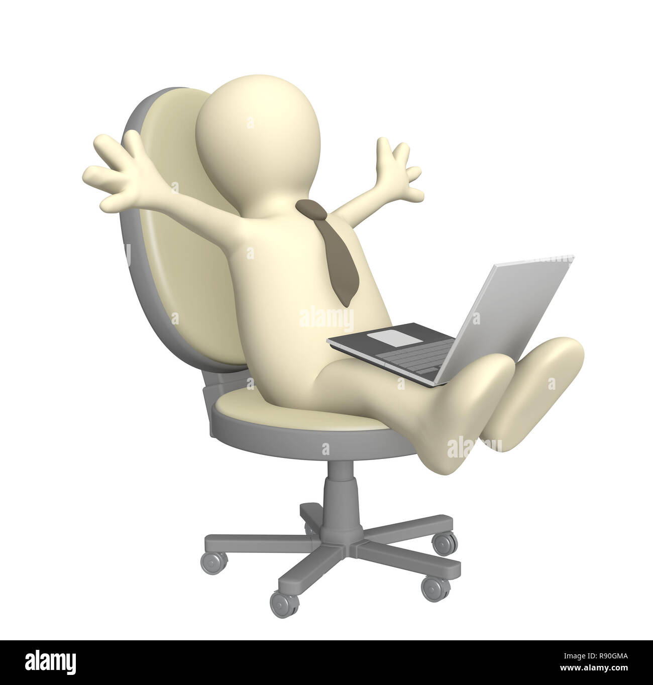 3d-Marionette, Sitzung mit einem Laptop. Objekt über Weiß Stockfoto