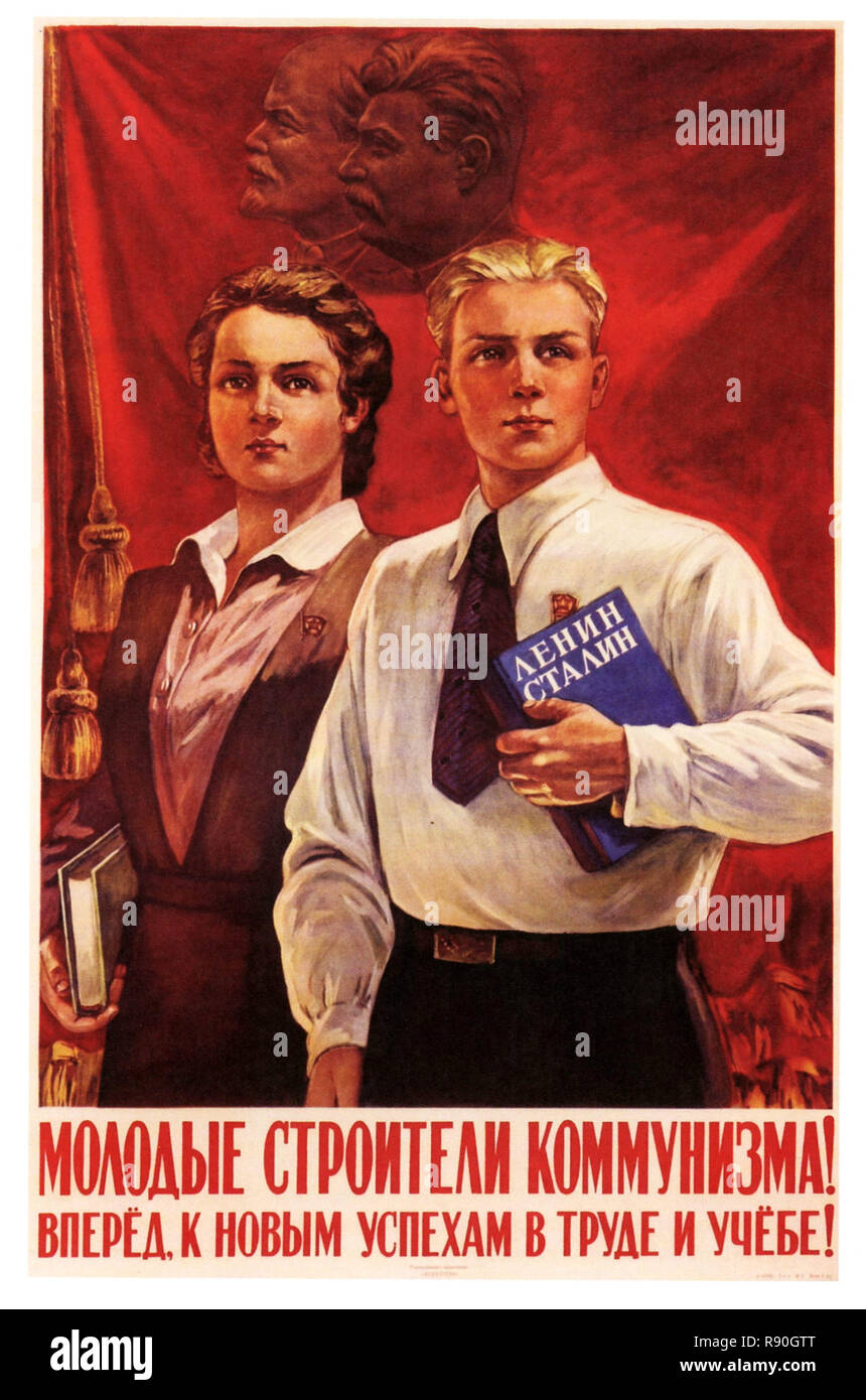 Junge Baumeister des Kommunismus gehen auf neue Erfolge in der Arbeit und Studium - Vintage U.S.S.R kommunistische Propaganda Poster Stockfoto