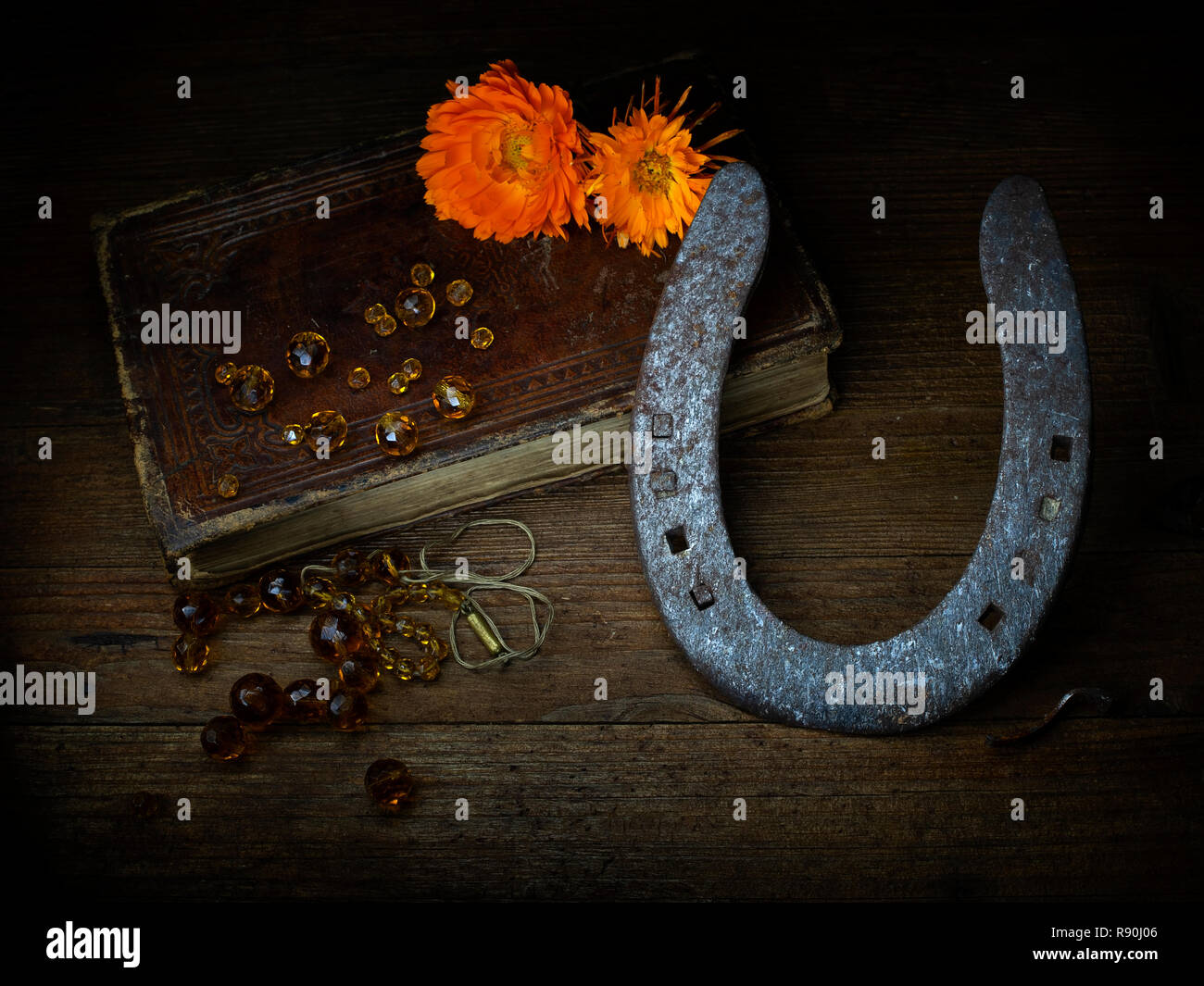 Gebrochen. Immer noch leben, Licht Malerei, Altes Buch, gebrochen, Perlen, sterbenden Blumen und abgenutzt, Hufeisen. Metapher für das Leben, der Tod. Stockfoto