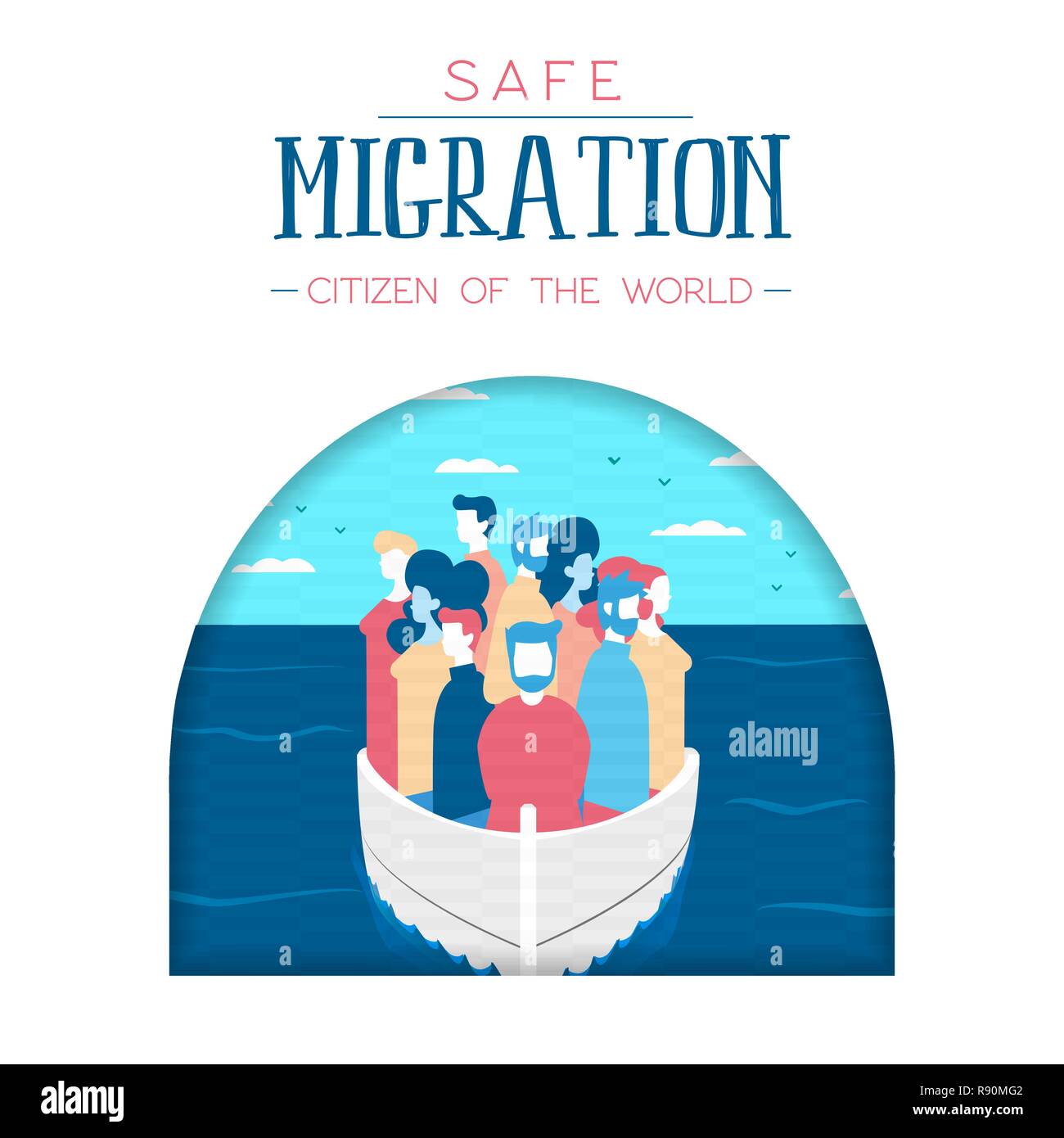 Internationale Migranten Tag Abbildung, diverse Leute Gruppe reisen Boot vom Meer. Sichere Migration Konzept für Flüchtlinge. Stock Vektor