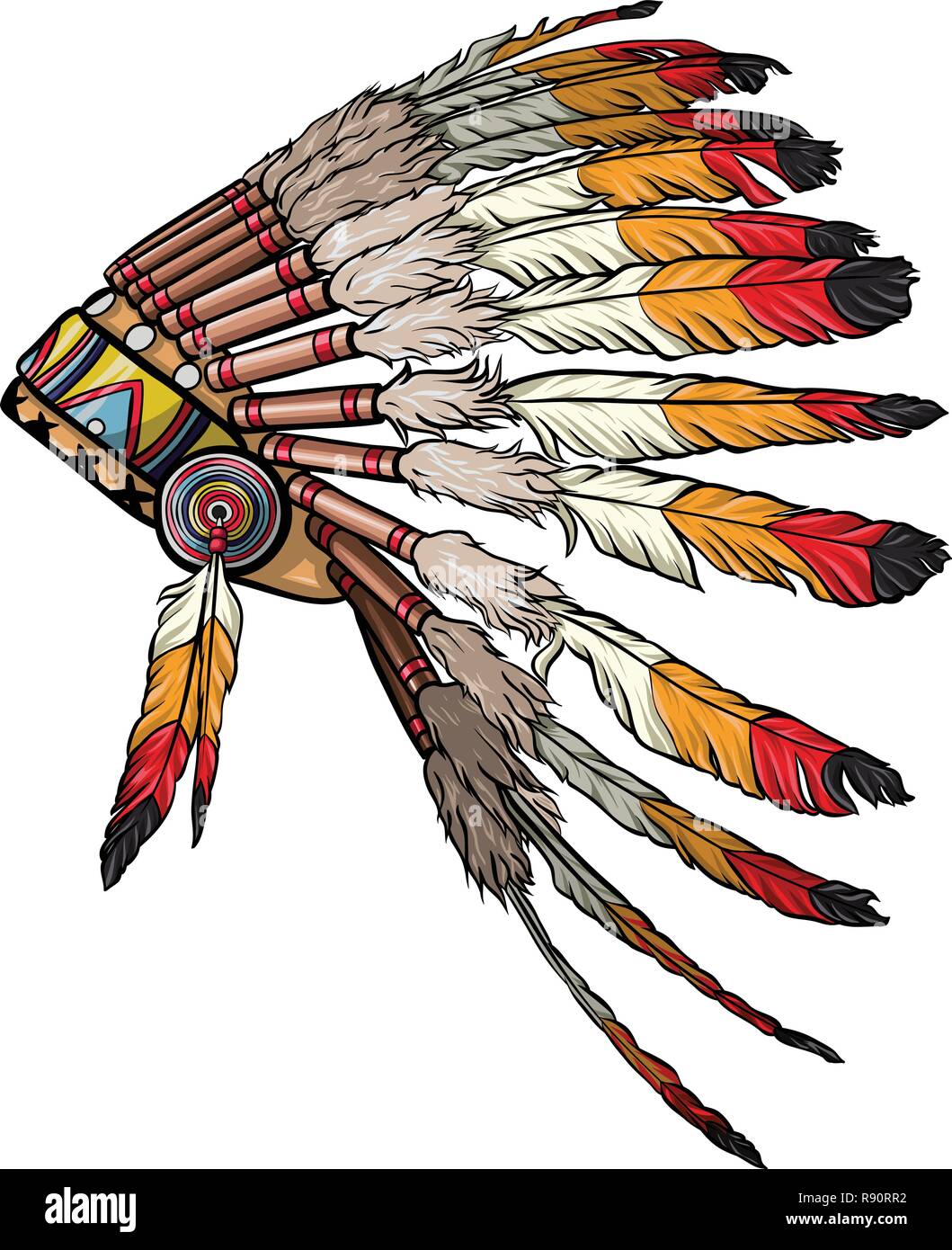 Native American feather Chief kopfschmuck Vektor. Indische Kopfbedeckung der Federn Abbildung. Stock Vektor