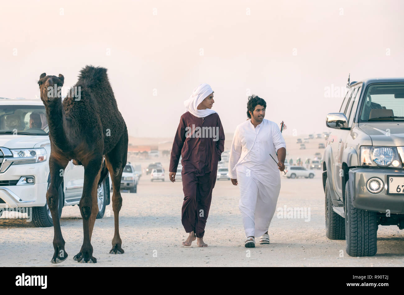 Madinat Zayed, Vereinigte Arabische Emirate, am 15. Dezember, 2017: arabische Mann mit seinem Kamel an der Millionen Straße, wo Kamele gekauft und verkauft. Stockfoto