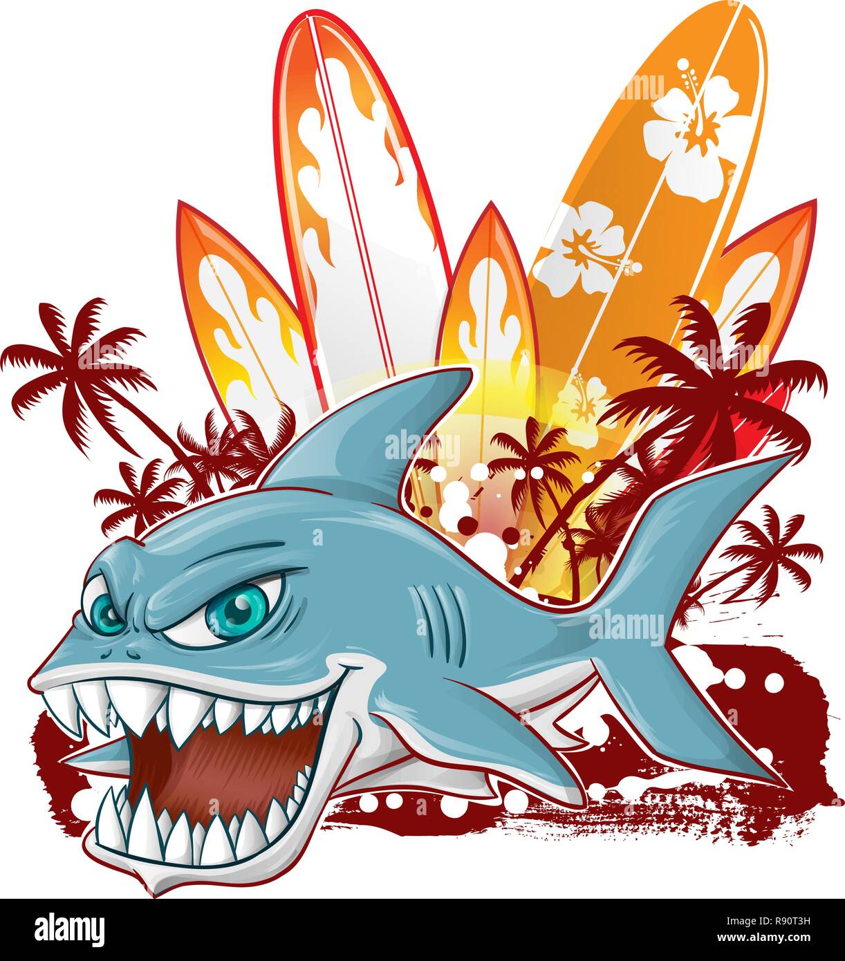 Shark Charakter Cartoon über Surfbrett auf weißem Hintergrund Stock Vektor