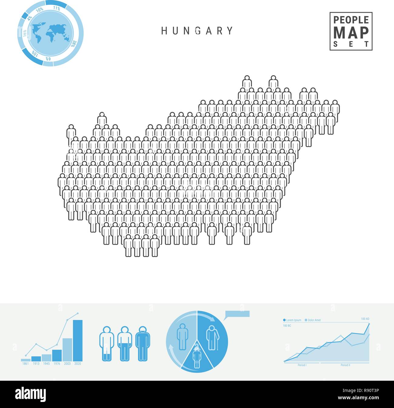 Ungarn Personen auf das Symbol Karte. Stylized Vector Silhouette von Ungarn. Bevölkerungswachstum und Überalterung Infografiken Stock Vektor