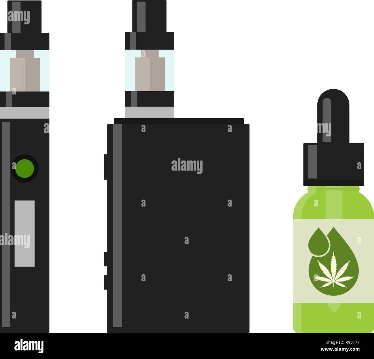 Marihuana Cannabis Flüssigkeit für Vaping. Vape Cannabis Öl. Cannabis Vaporizer. E-Zigarette für VAPING. Isolierte Vector Illustration auf weißem Hintergrund. Stock Vektor