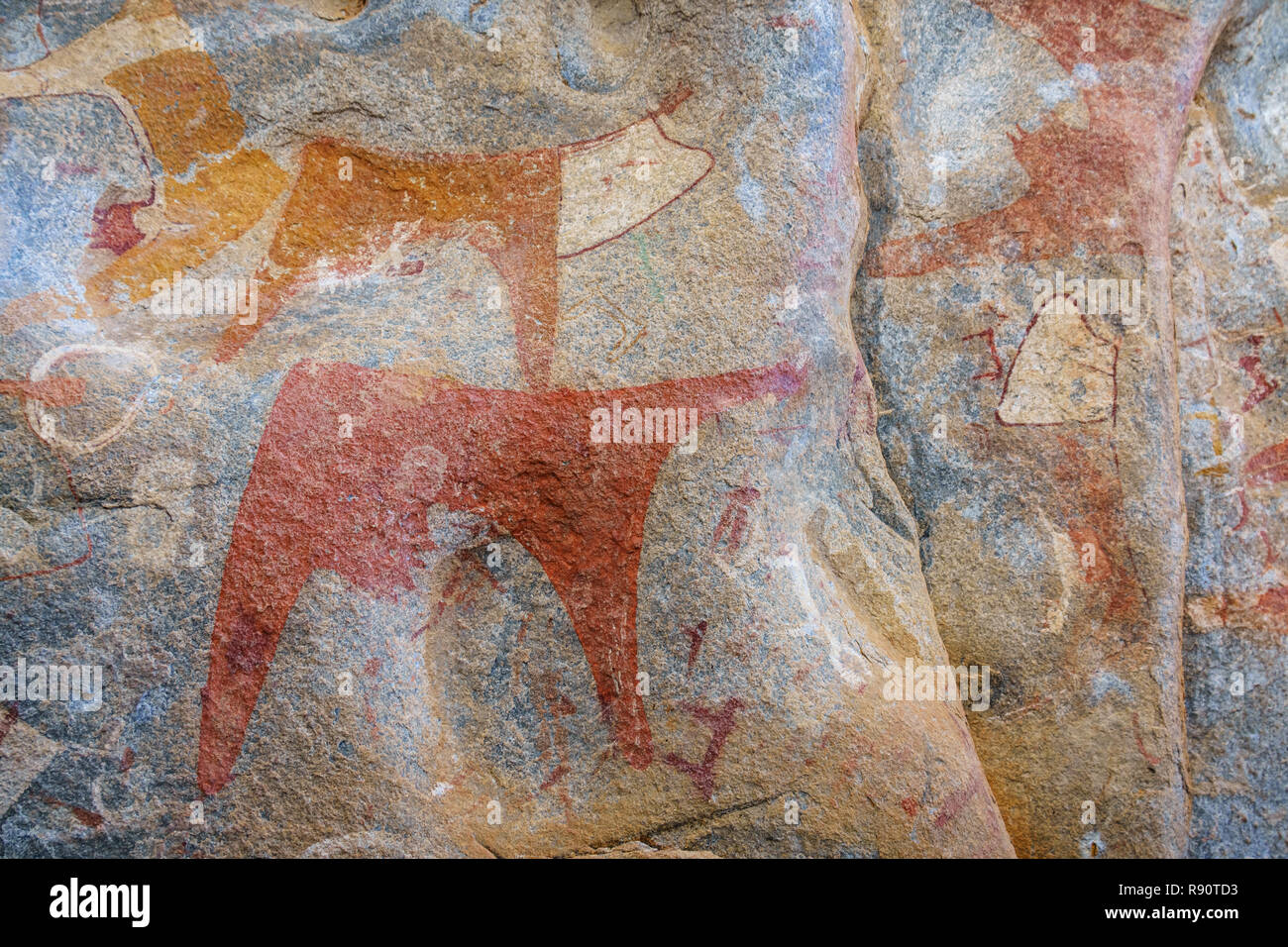 Jungsteinzeit rock Kunst an der Laas Geel komplexe Darstellung eines Langhörnigen Kuh in Hargeisa, Somaliland. Stockfoto