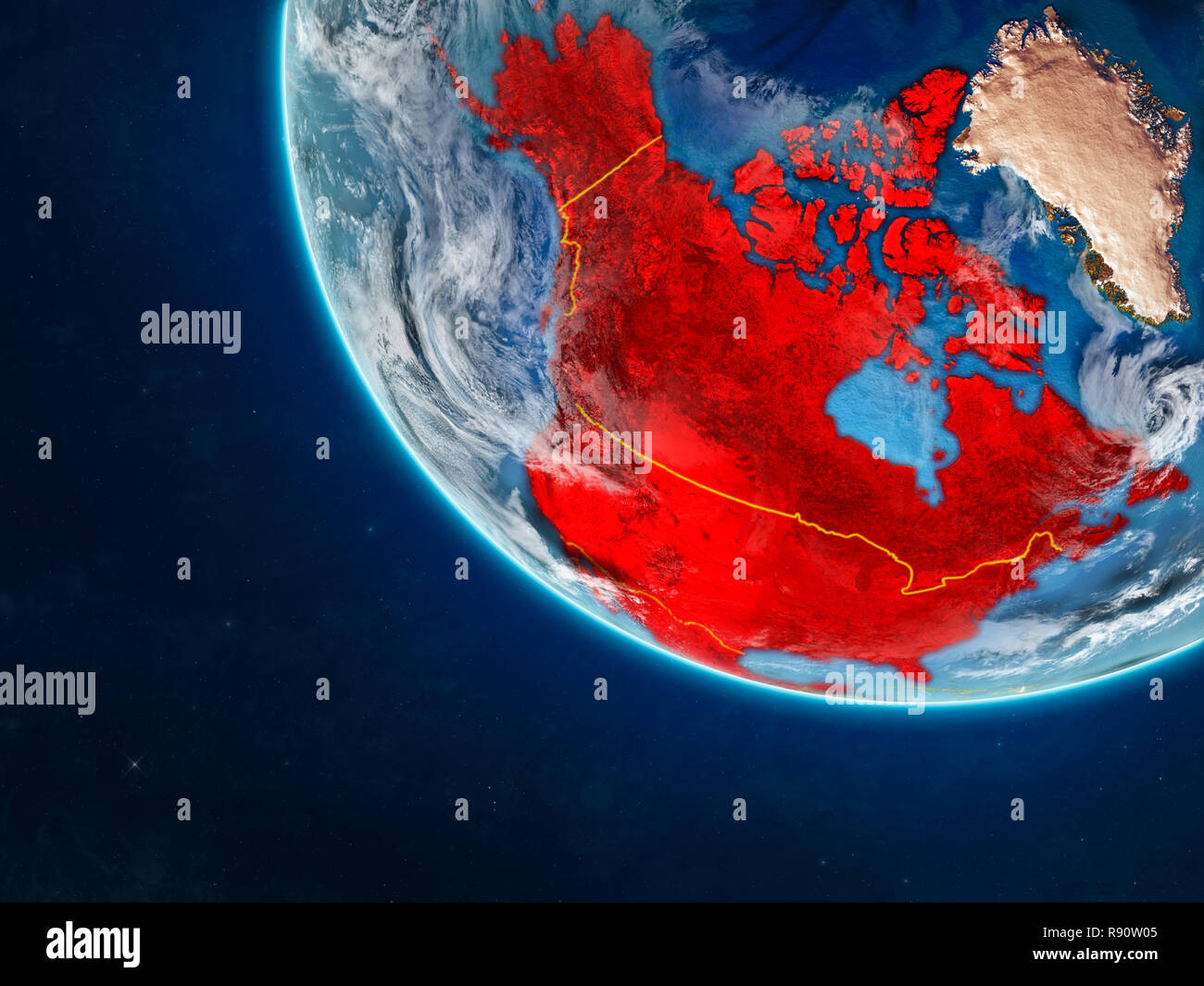 NAFTA-Mitglied staaten auf dem Planeten Erde aus dem Weltraum mit Ländergrenzen. Sehr feine Details der Planeten und Wolken. 3D-Darstellung. Elemente dieser Stockfoto