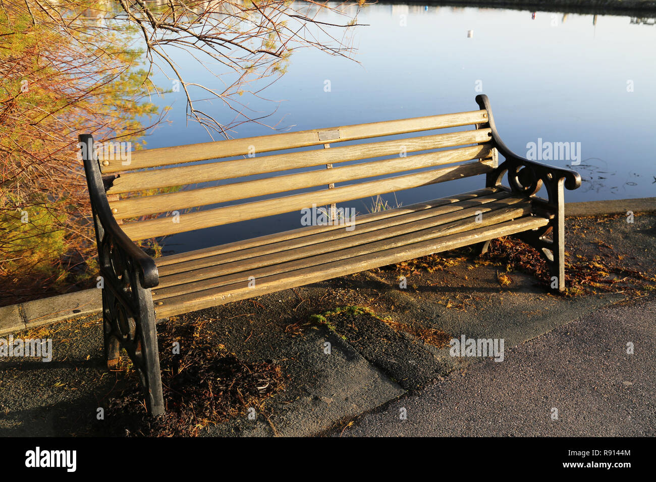 Sitzbank, Emsworth Mühlteich, Gosport, Hampshire UK Stockfoto