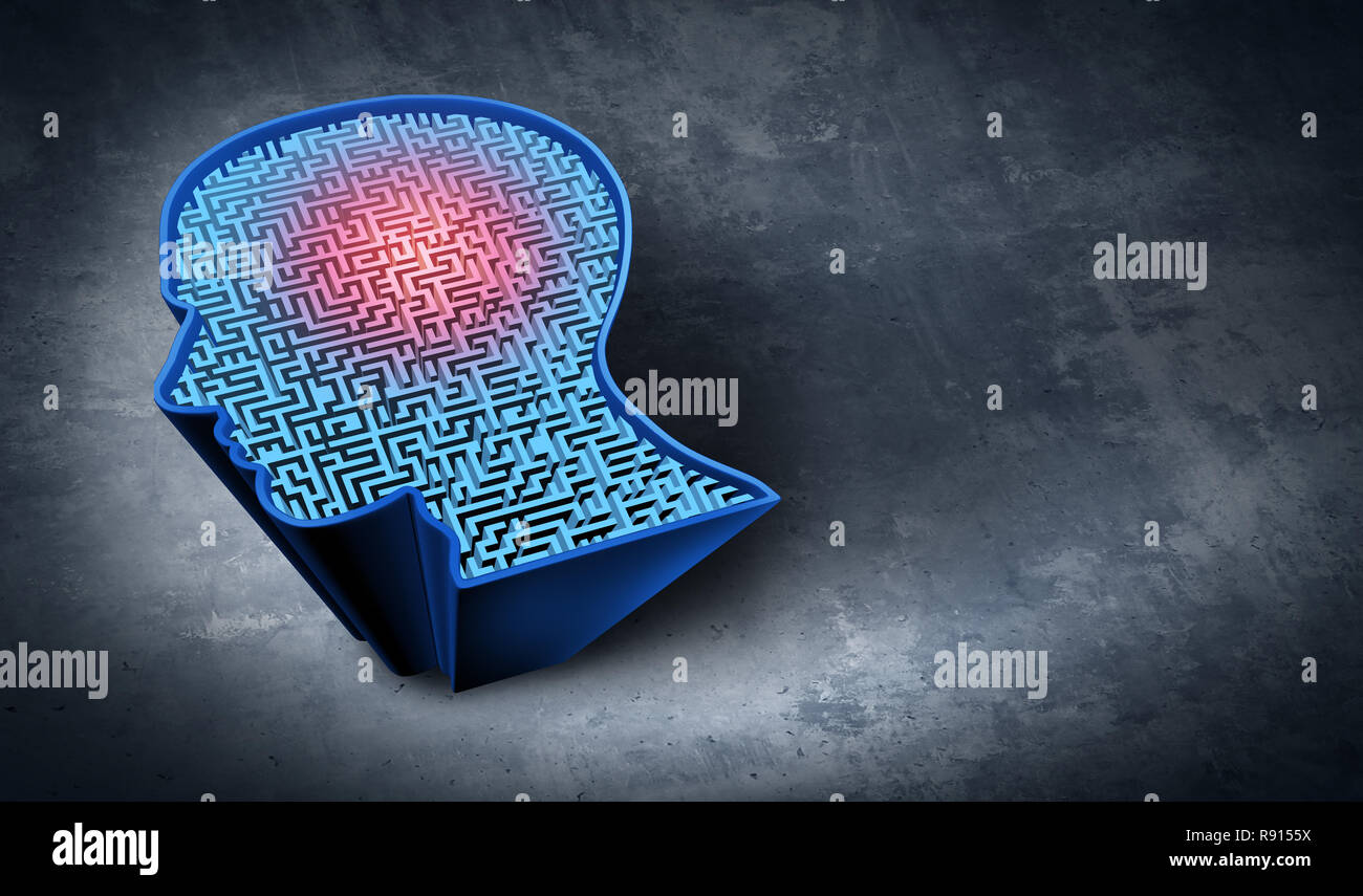 Problemlösung als eine geistige Therapie und kognitive Übung Symbol als Labyrinth als einem menschlichen Kopf, Brain Training Gesundheit Behandlung geprägt. Stockfoto