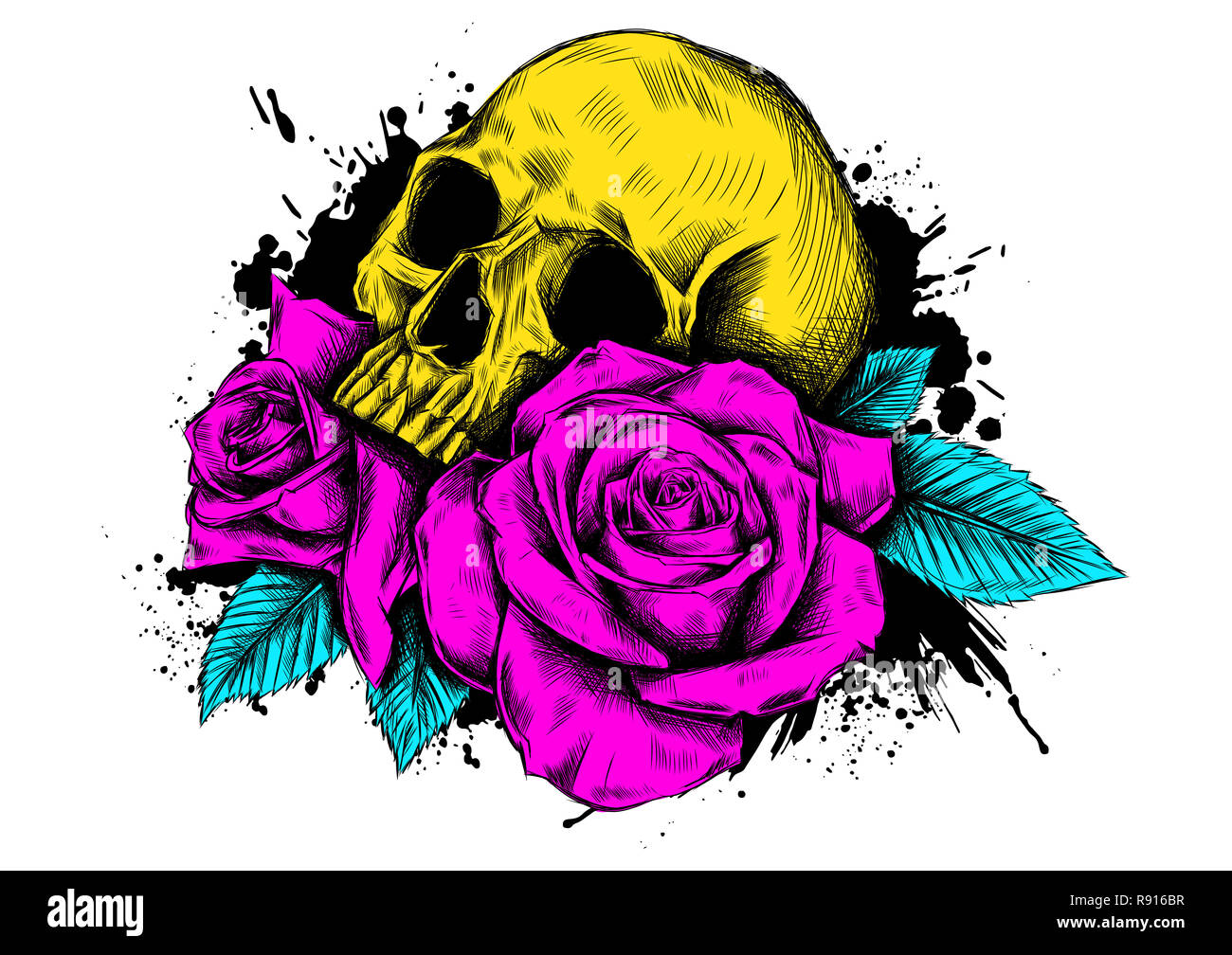 Totenkopf Mit Blumen Mit Rosen Zeichnung Von Hand Stockfotografie Alamy