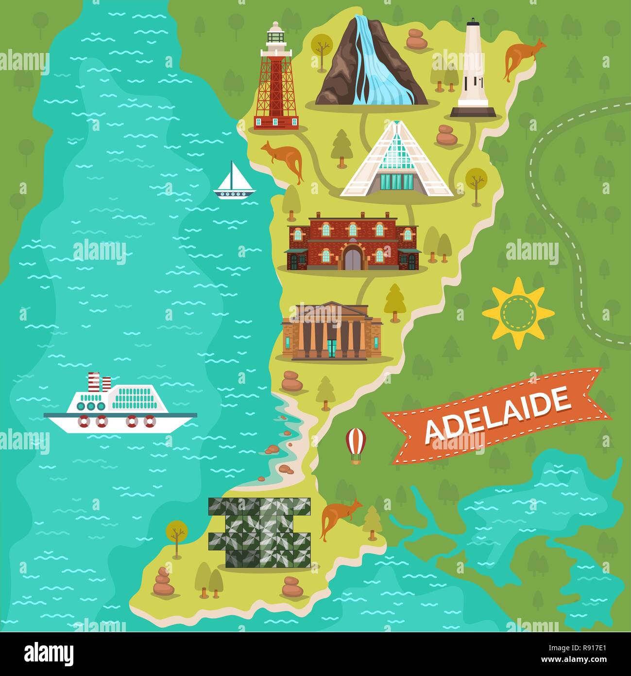 Adelaide Sehenswürdigkeiten auf Reisen Karte. Australische Stadt Stock Vektor