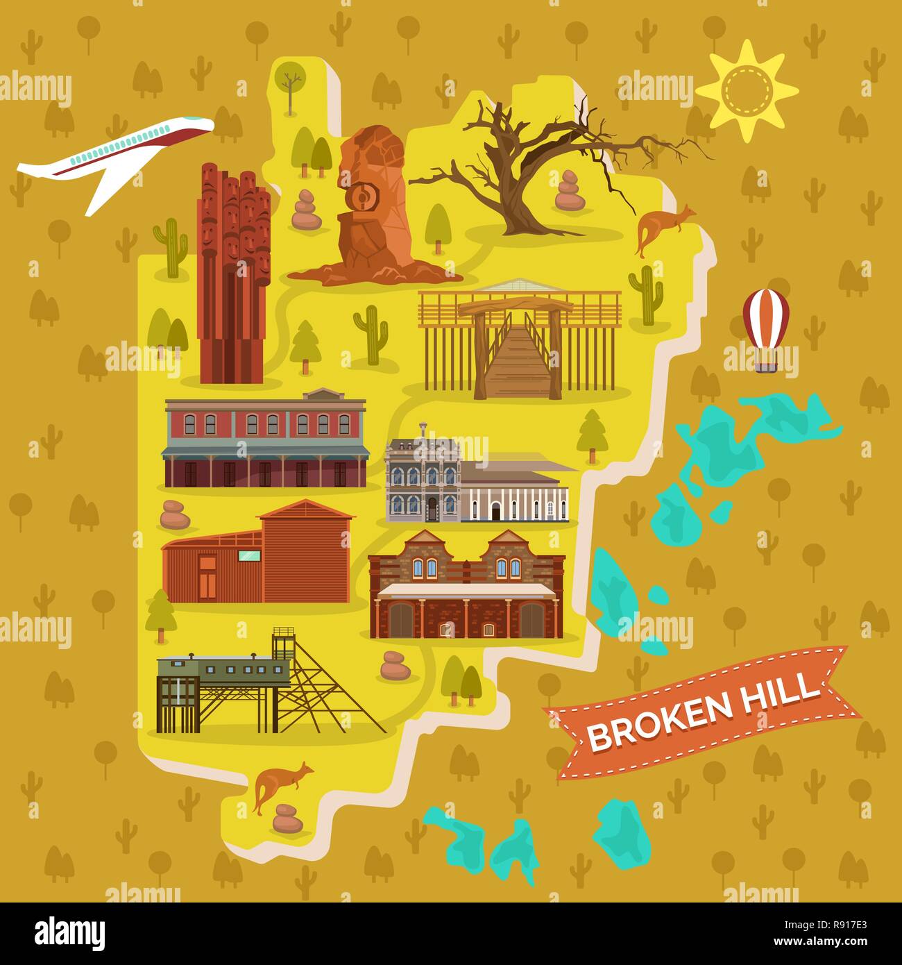 Broken Hills Karte, Australien berühmte Sehenswürdigkeiten. Stock Vektor