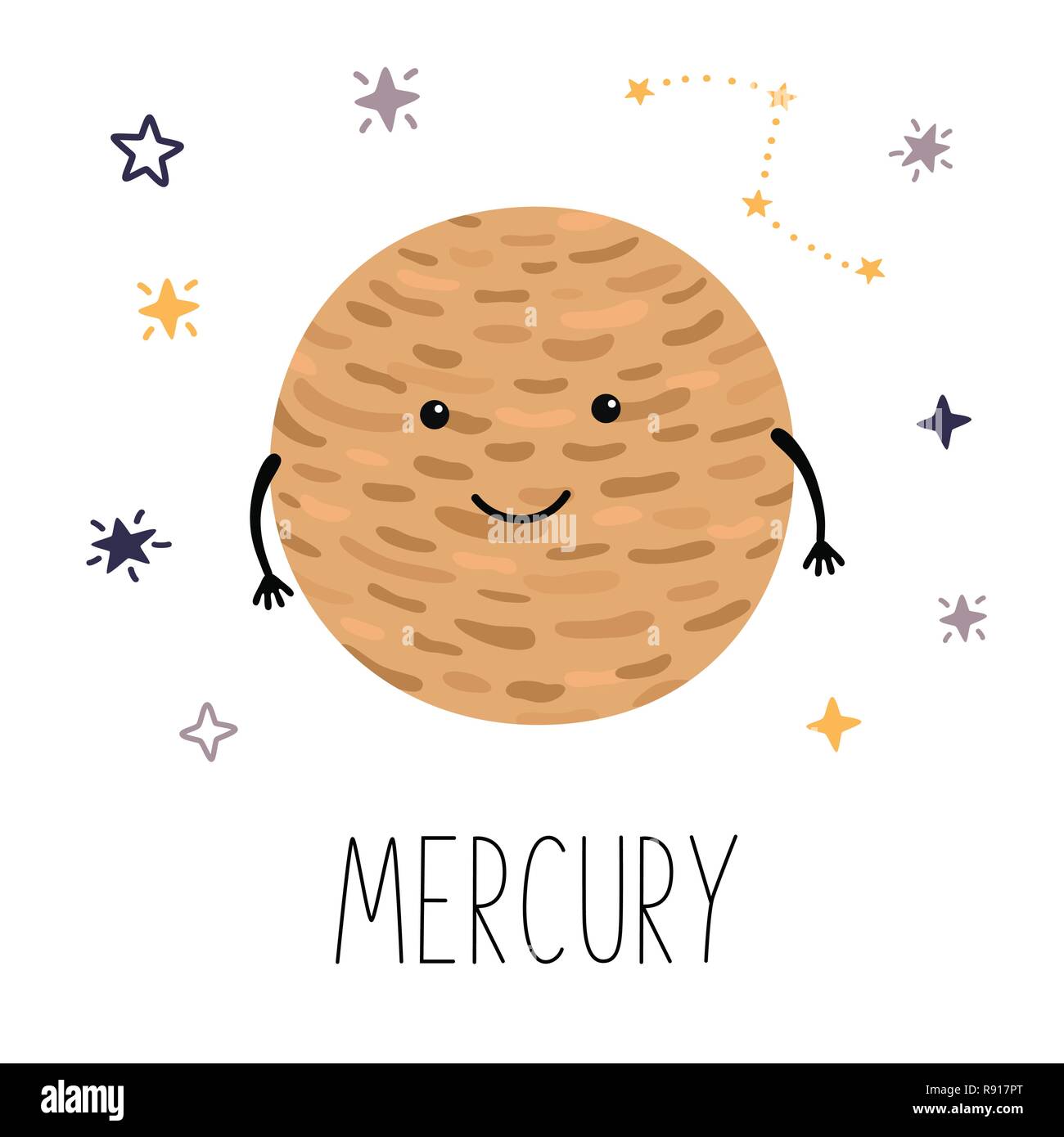 Cute Planet Merkur. Planet mit Händen und Augen. Vector Illustration für Kinder Stock Vektor