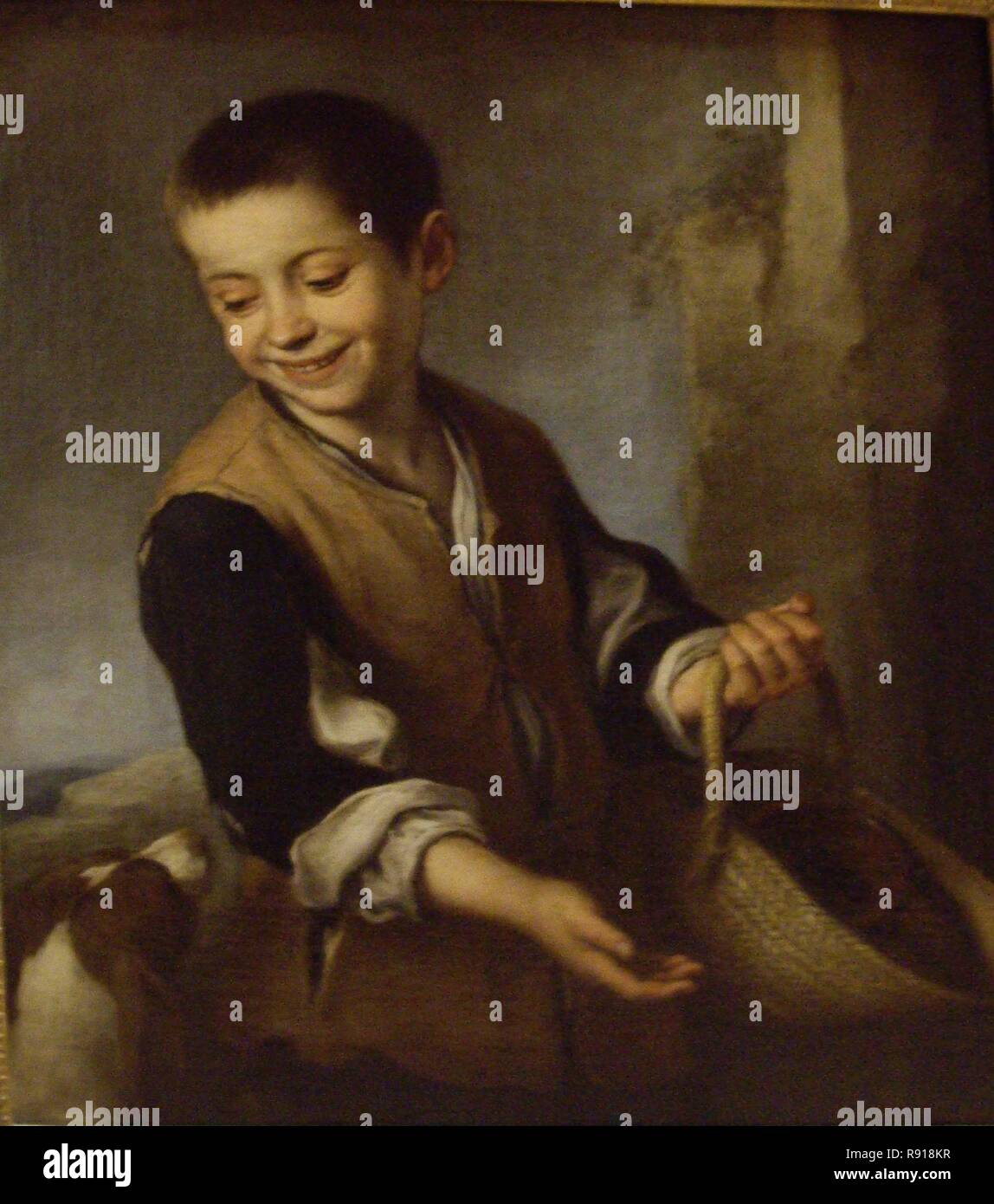 'Junge mit Hund', 1655-1656, Öl auf Leinwand, 60 x 74 cm. Autor: MURILLO, Bartolome Esteban. Lage: MUSEO ERMITAGE - coleccion. ST. PETERSBURG. Russland. Stockfoto
