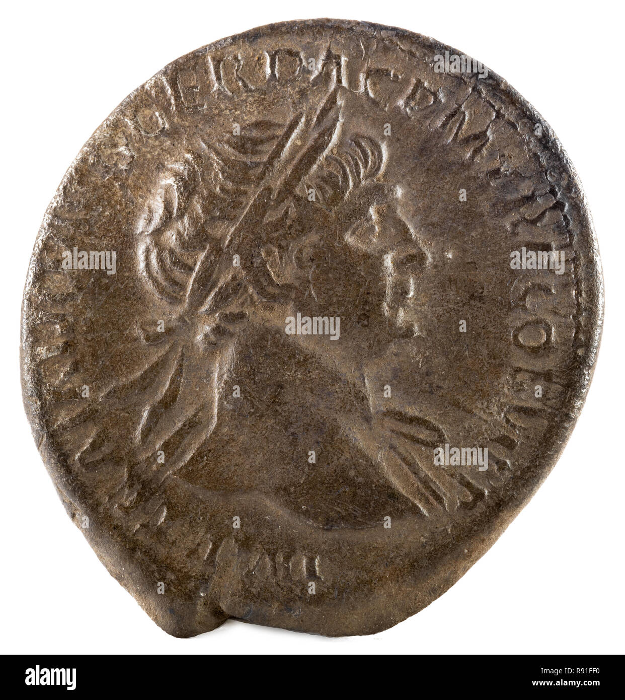 Römischer Denar Silber münze von Kaiser Trajan. Vorderseite. Stockfoto