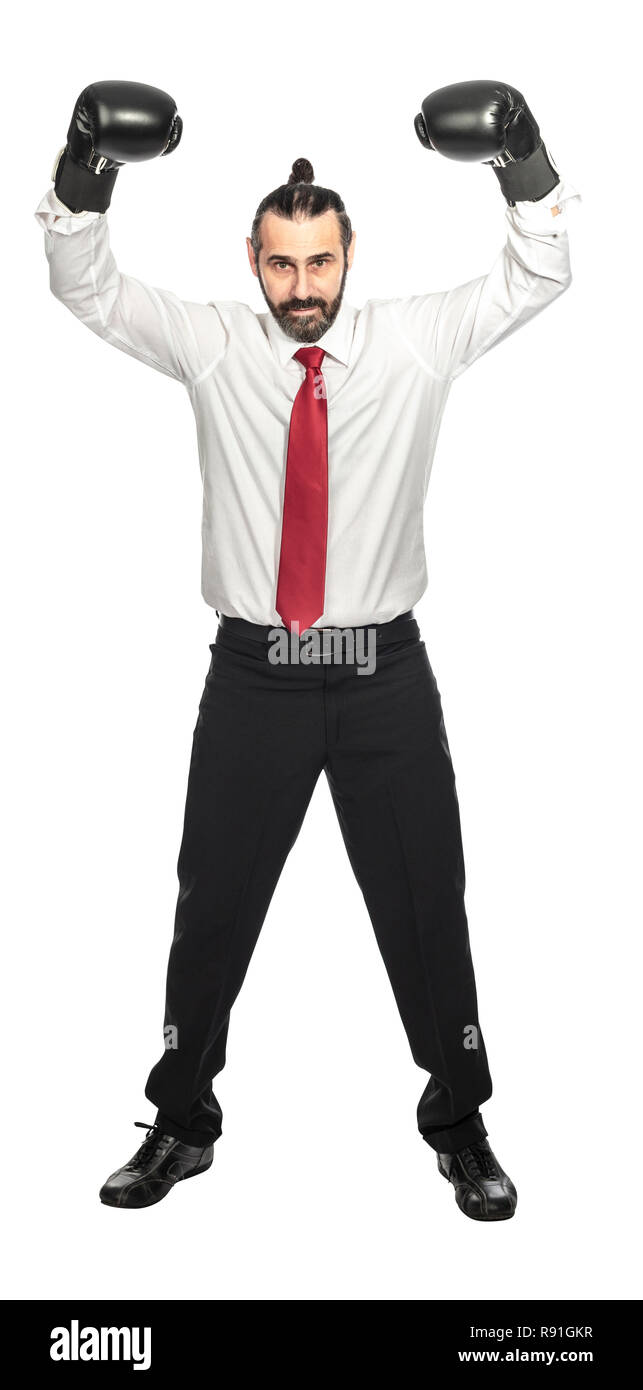Geschäftsmann mit Boxhandschuhen auf isolierten weißen Hintergrund Stockfoto