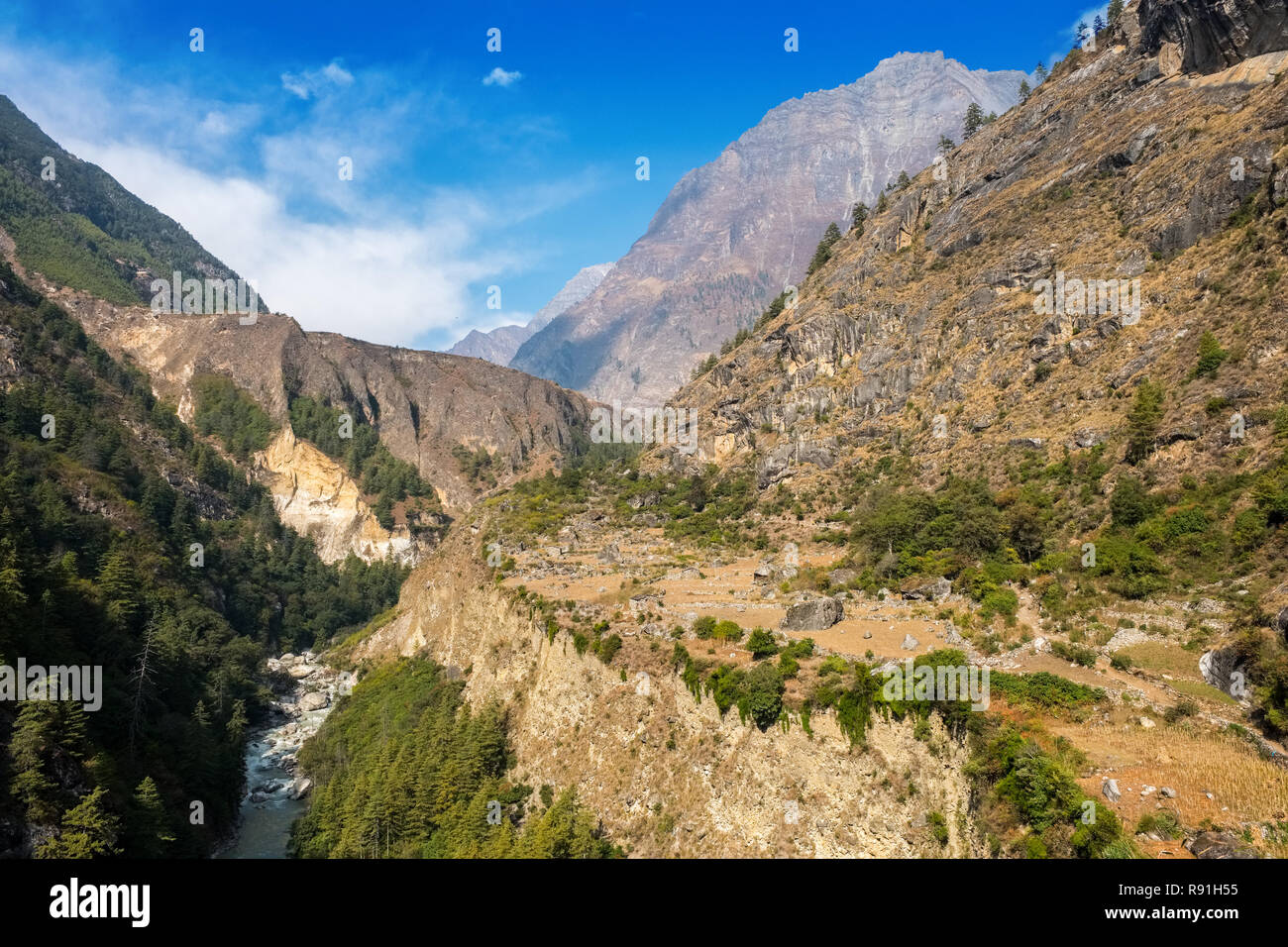 Das Flusstal des Budhi Gandaki ist auf den ersten Abschnitt der Manaslu Circuit Trek in Nepal Himalaya gefolgt Stockfoto