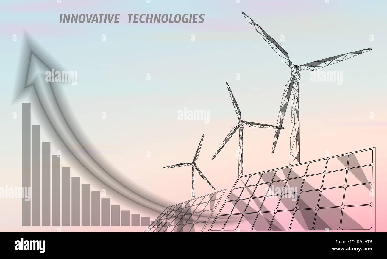 Solar Panels Windmühlen Turbine zur Stromerzeugung. Grüne Ökologie sparen Umwelt. Renewable Power Low Poly polygonalen geonetric abstrakte grau weiß Sky design Vector Illustration Stock Vektor