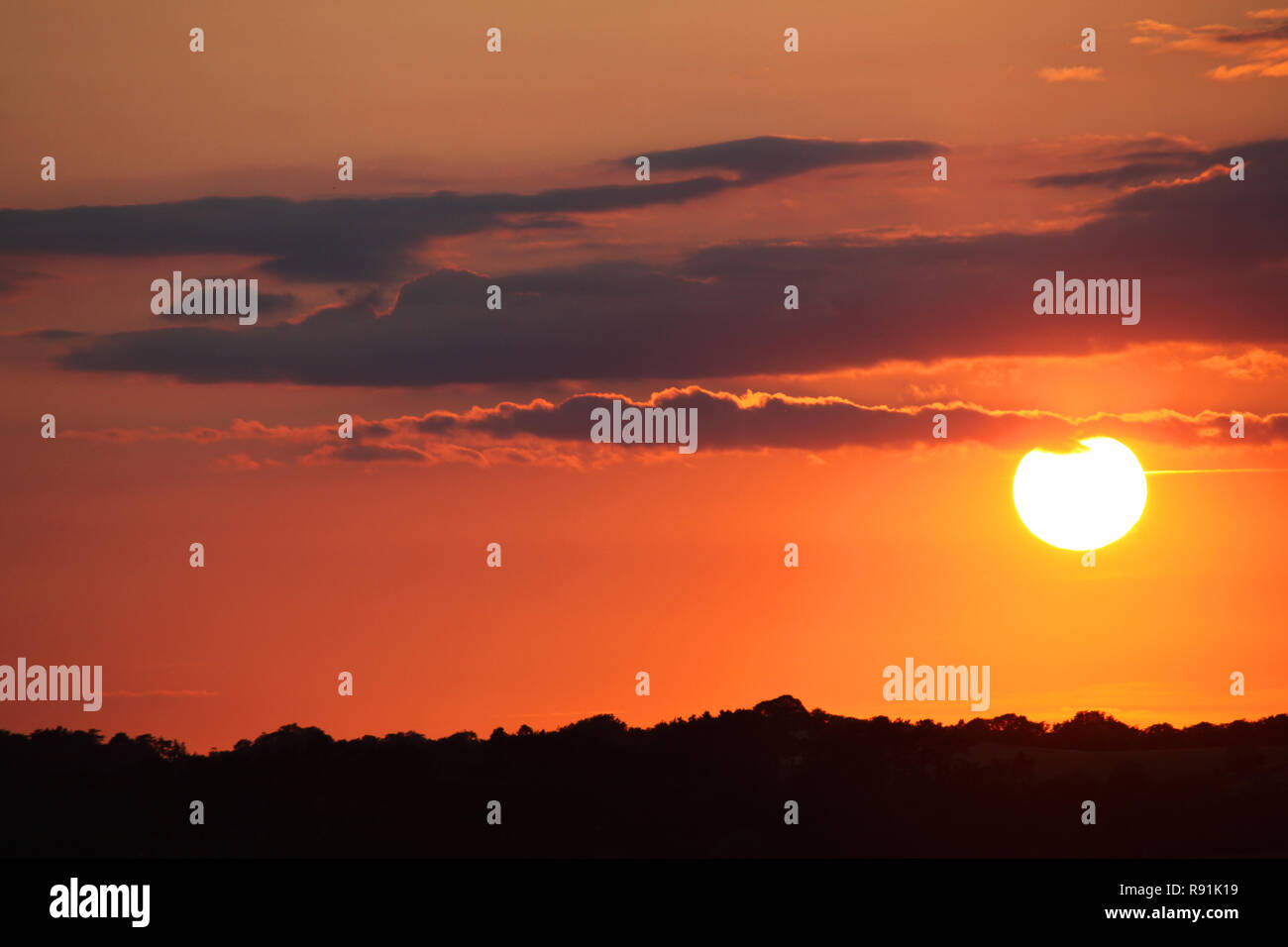 Am späten Abend Sonne in Richtung der Baumgrenze, wie Sie für den Tag mit einem warmen orange Licht setzt Stockfoto