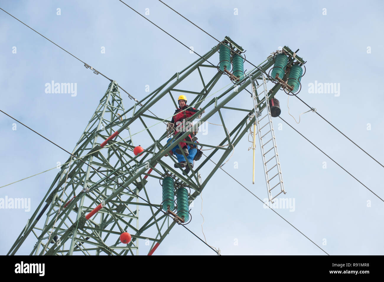 08.03.2010, Brunsbüttel, Schleswig-Holstein, Deutschland - Isolatoren einen Hochspannungsmasten werdener getauscht. 0 RX 100308 D 128 CAROEX.JPG [MODEL RELEASE: NEIN Stockfoto