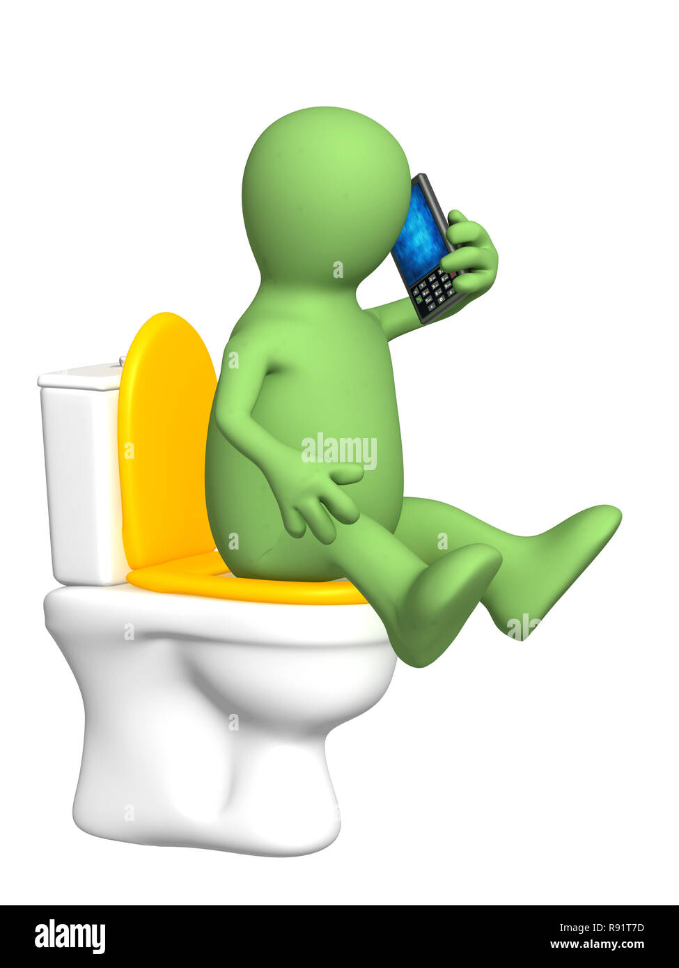 3d-Marionette, sitzend mit einem Telefon auf wc-Schüssel Stockfoto