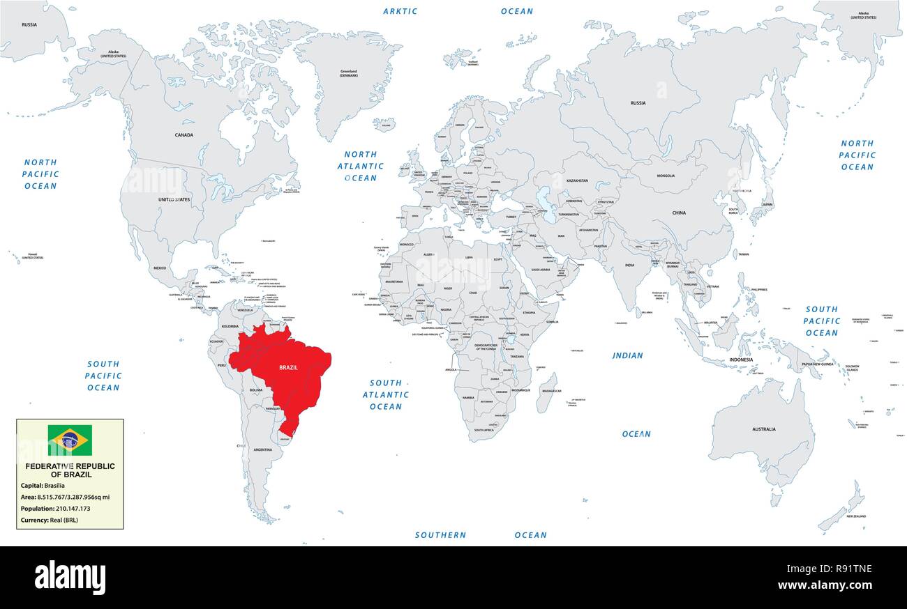 Weltkarte mit der Föderativen Republik Brasilien, kleine und Flagge Stock Vektor