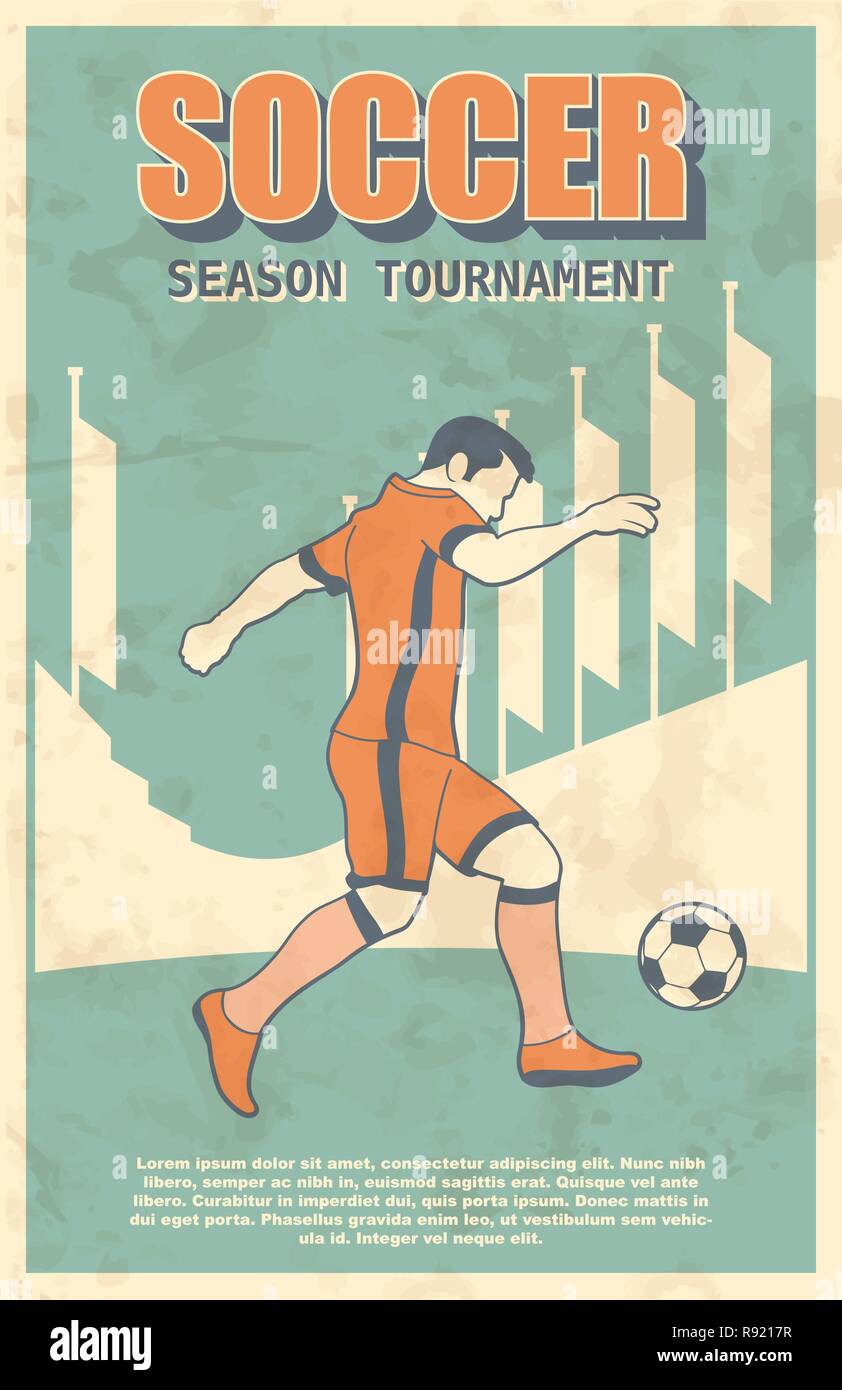 Fußball-Spieler schießt eine Kugel. Vintage Poster, Vector Illustration. Stock Vektor