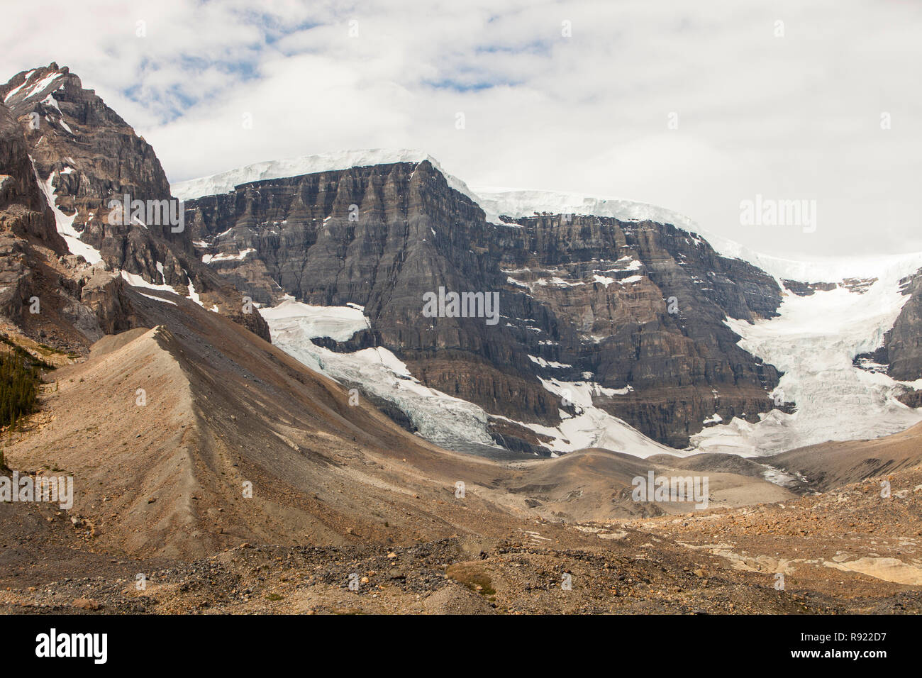 Schnell auf dem Kolumbien Icefield zurückweichenden Gletscher einmal den Icefield Parkway in den kanadischen Rocky Mountains. Stockfoto