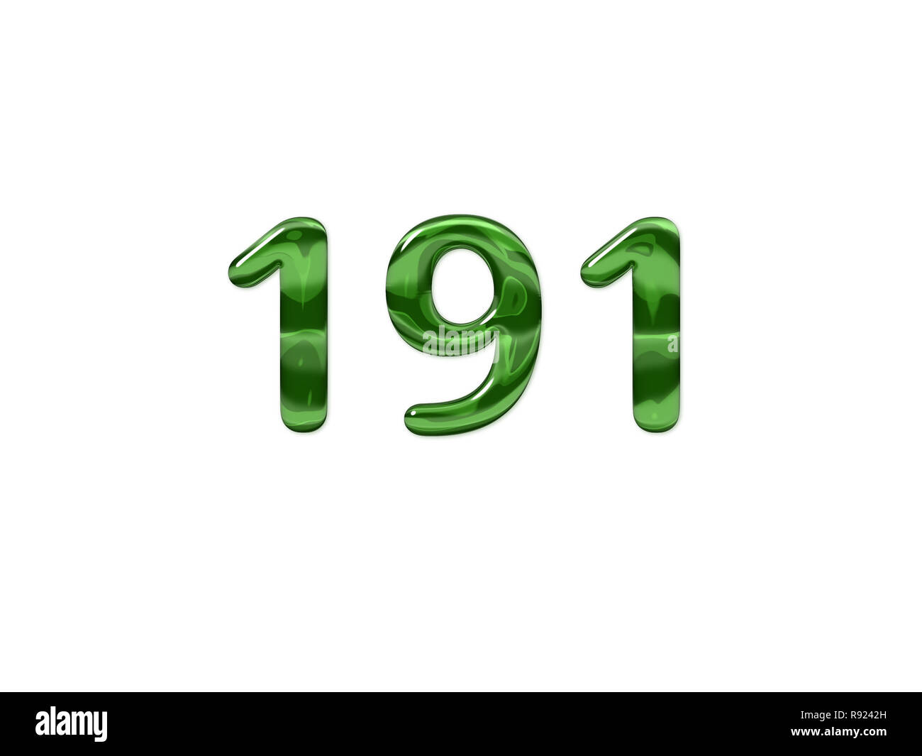 Grüne Nummer 191 isoliert weißer Hintergrund Stockfoto