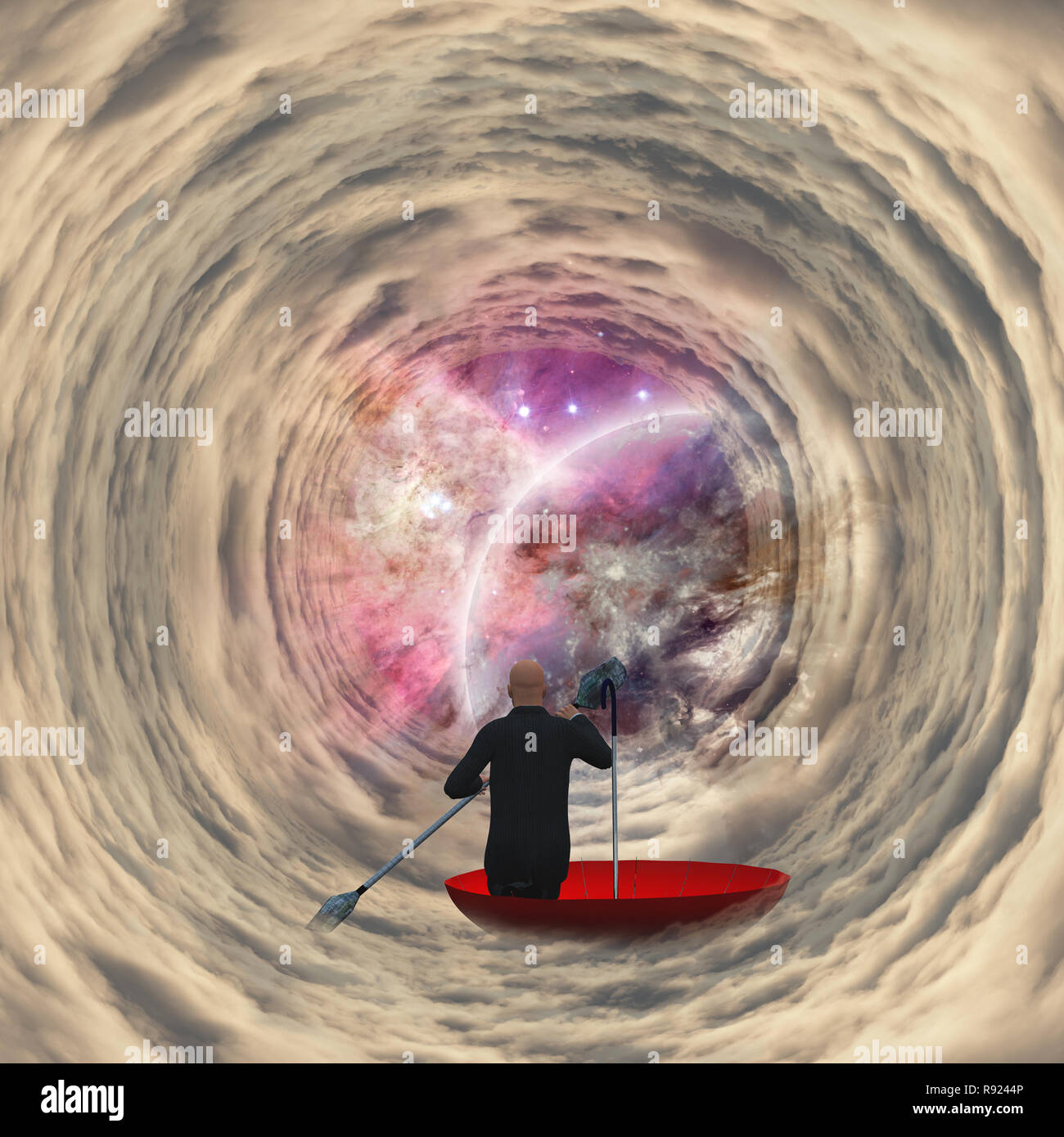 Business Mann in roten Regenschirm im Tunnel der Wolken auf den Raum Stockfoto